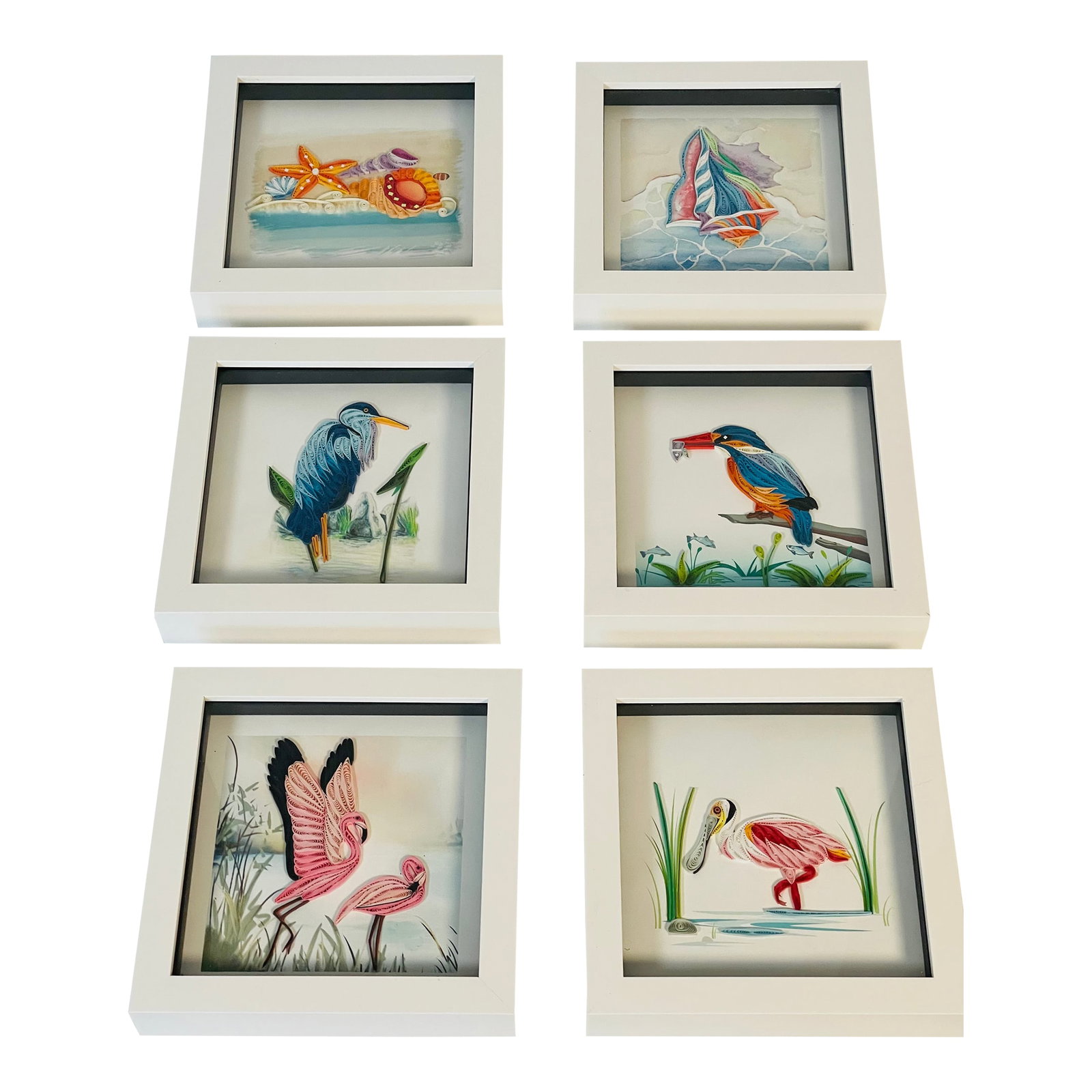 1970s Florida Coastal Collage Art Framed 6 PCS Set Sea Shells, . Pelicans: Beautiful handmade paper art Florida coastal theme items in modern white frames. , sea shells, flamingoes, pelican, parrot, . Condition: Alterations: Original Condition Unaltered Imperfections: Some