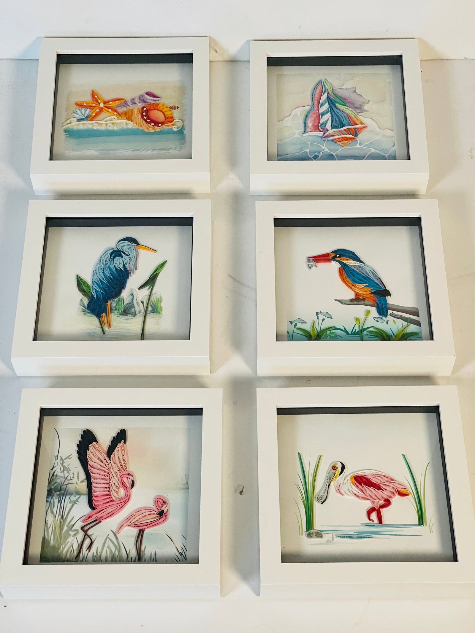 1970s Florida Coastal Collage Art Framed 6 PCS Set Sea Shells, . Pelicans - 2