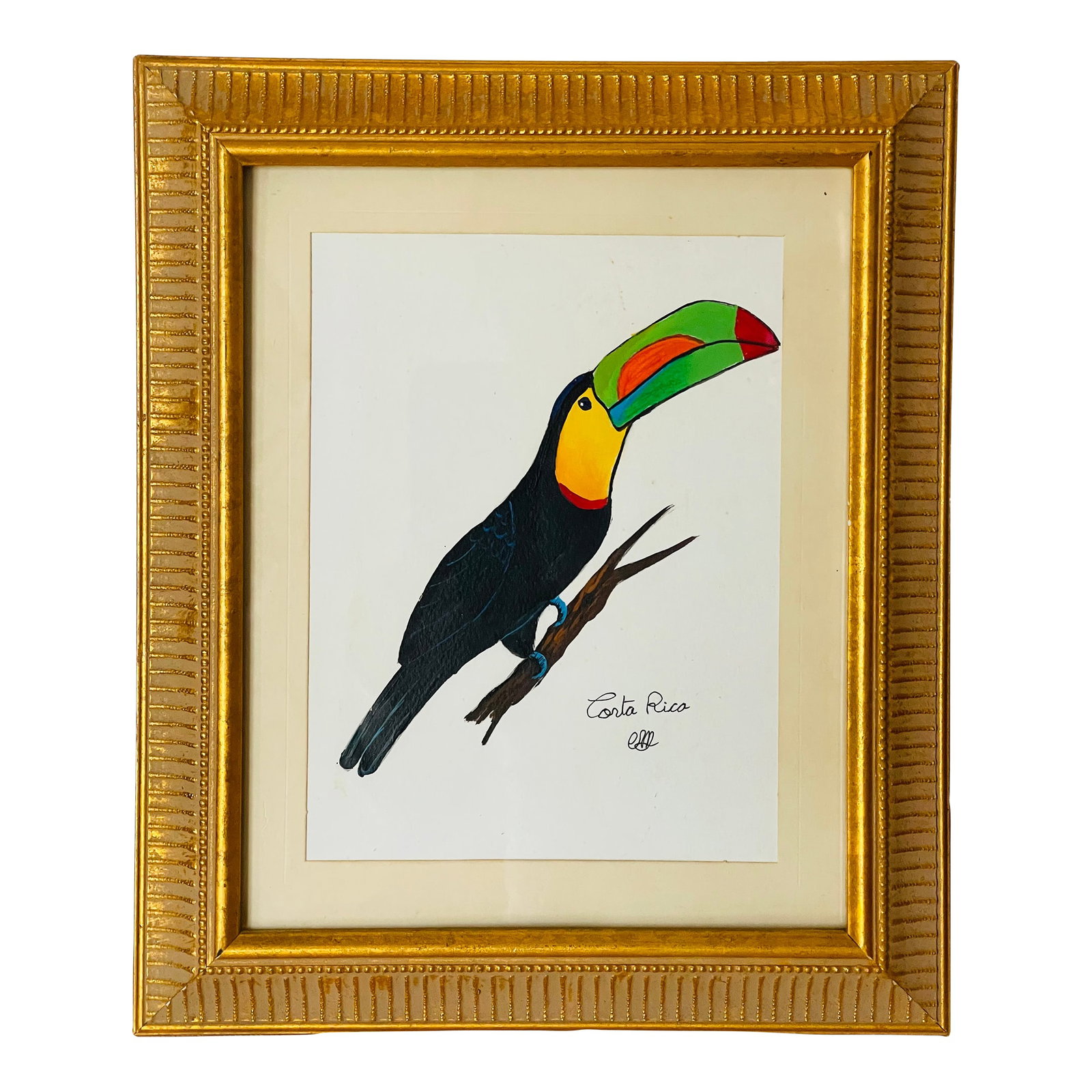 1960s Costa Rican Toucan Bird Watercolor in Gold Frame: Vintage Costa Rican watercolor on paper of a Toucan bird. Signed and framed in gold tone frame. Condition: Alterations: Original Condition Unaltered Imperfections: Some Imperfections Condition Notes: 