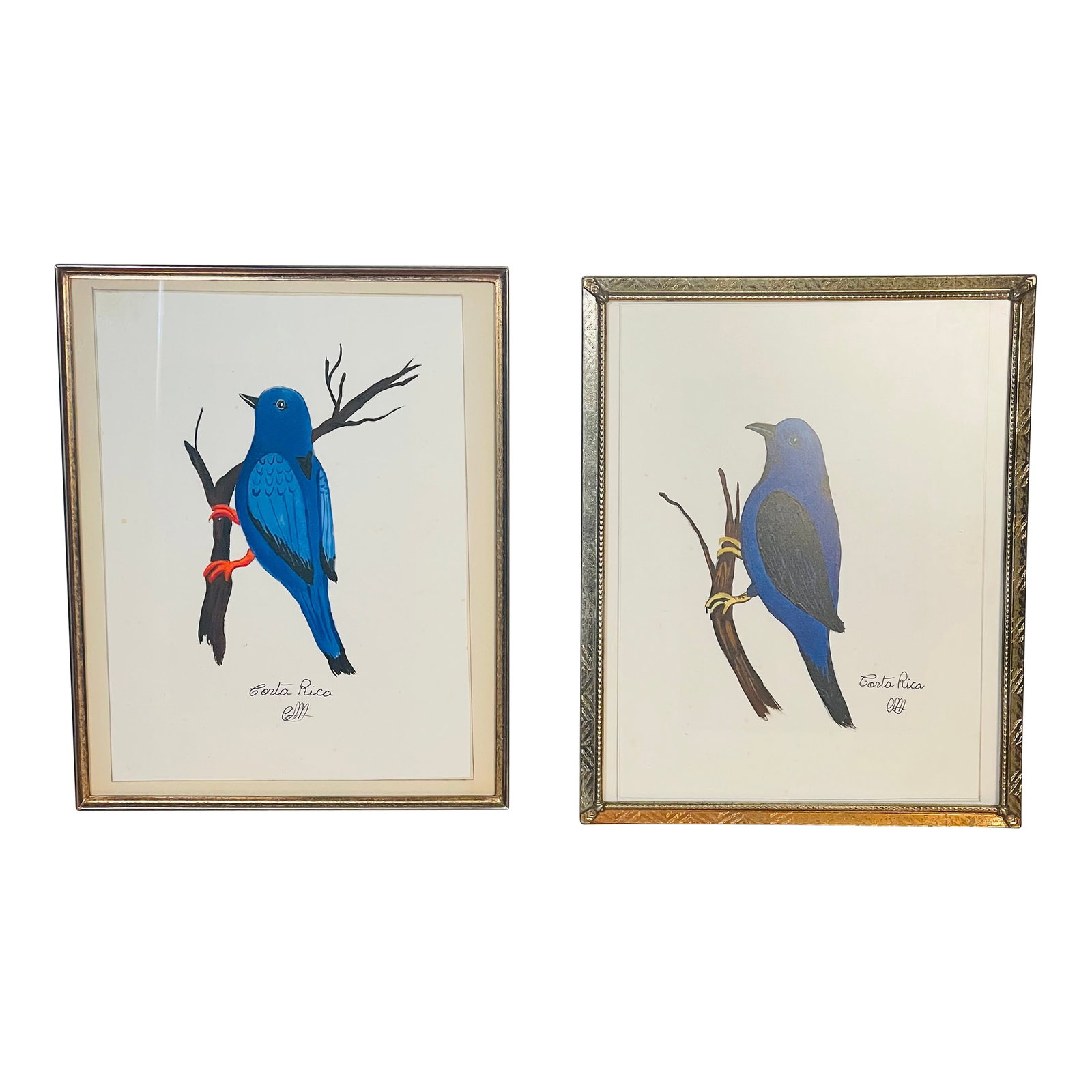 1960s Pair Costa Rica Birds Mixed Media on Paper: Pair vintage signed mixed media on paper Blue Birds Condition: Alterations: Original Condition Unaltered Imperfections: Some Imperfections Condition Notes: Good Origin: Costa Rica Materials &
