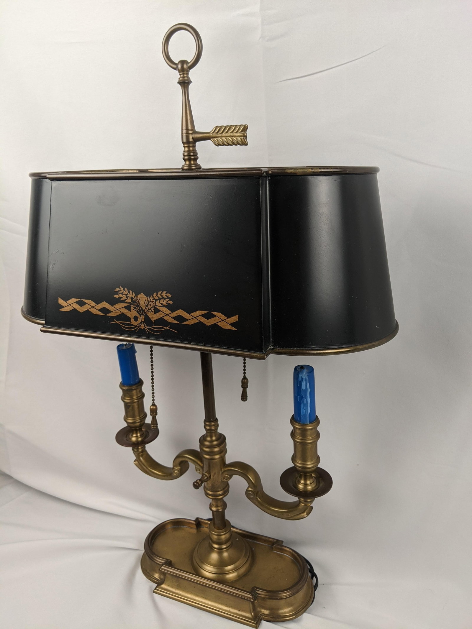 Wildwood Vintage Brass Bouillotte Style Two-Light Table Lamp With Black Tole Shade and Gilt Decorati - 12