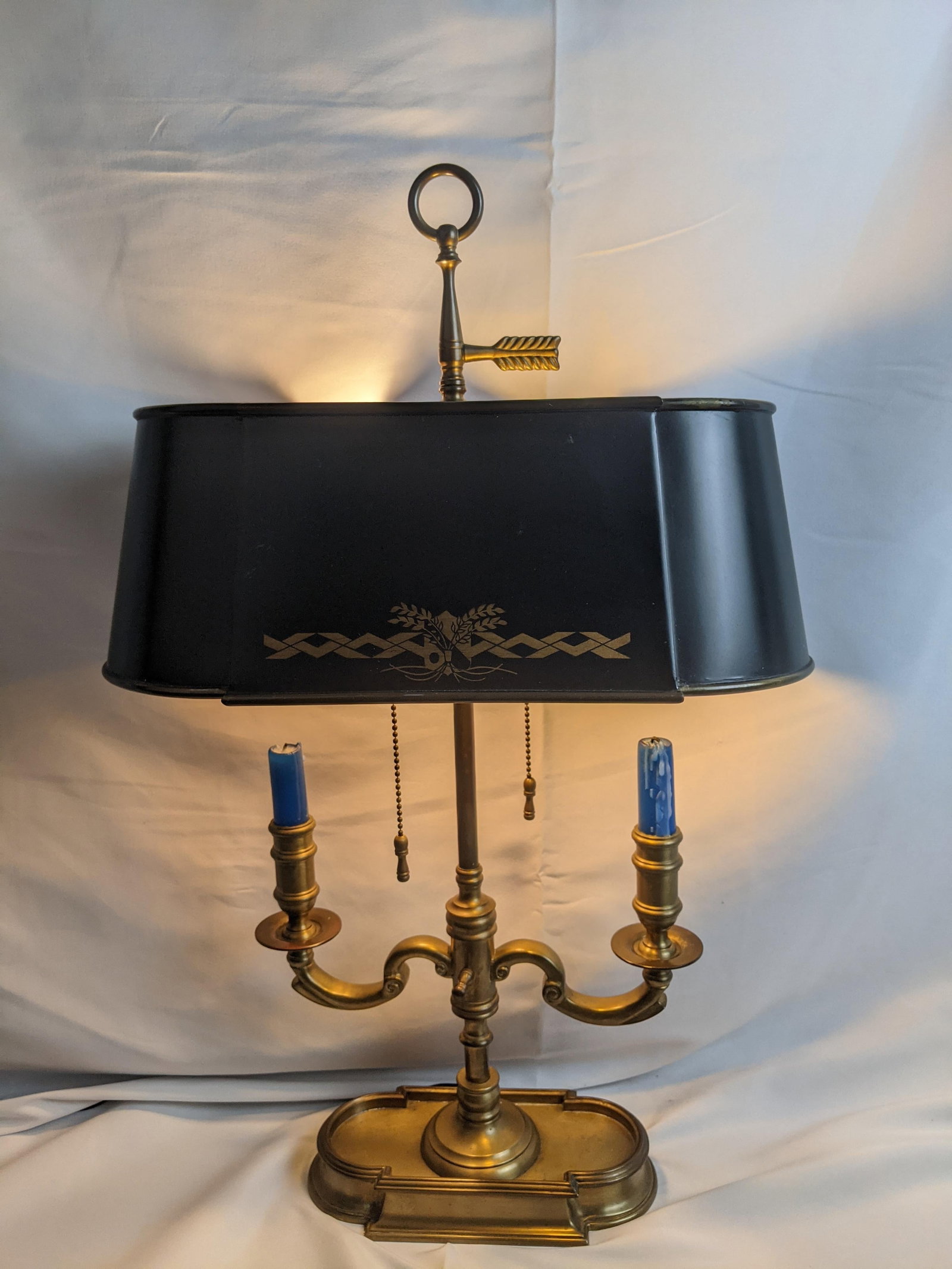 Wildwood Vintage Brass Bouillotte Style Two-Light Table Lamp With Black Tole Shade and Gilt Decorati - 16