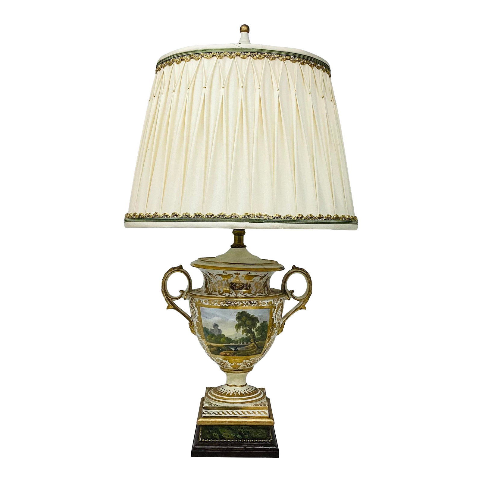 Antique Derby Porcelain Urn Made Into Lamp.: Derby porcelain refers to the highly esteemed fine bone china and porcelain manufactured in Derby, England, starting around 1750. Known for its exceptional hand-painting, unglazed "biscuit" figures, a