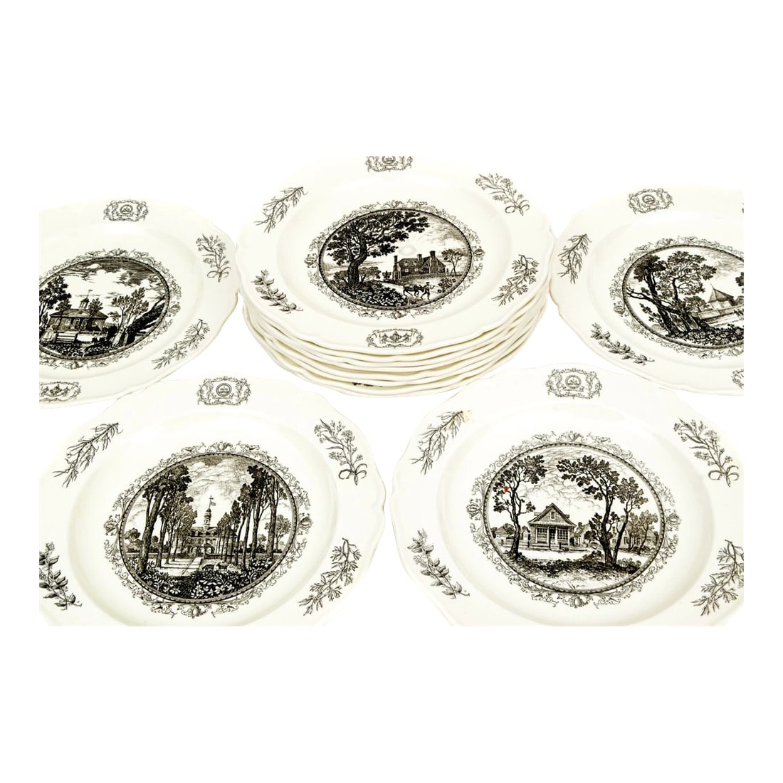 Mid 20th Century English Wedgwood Williamsburg Restoration Transferware Plates, Set of 12 (1 of 14)