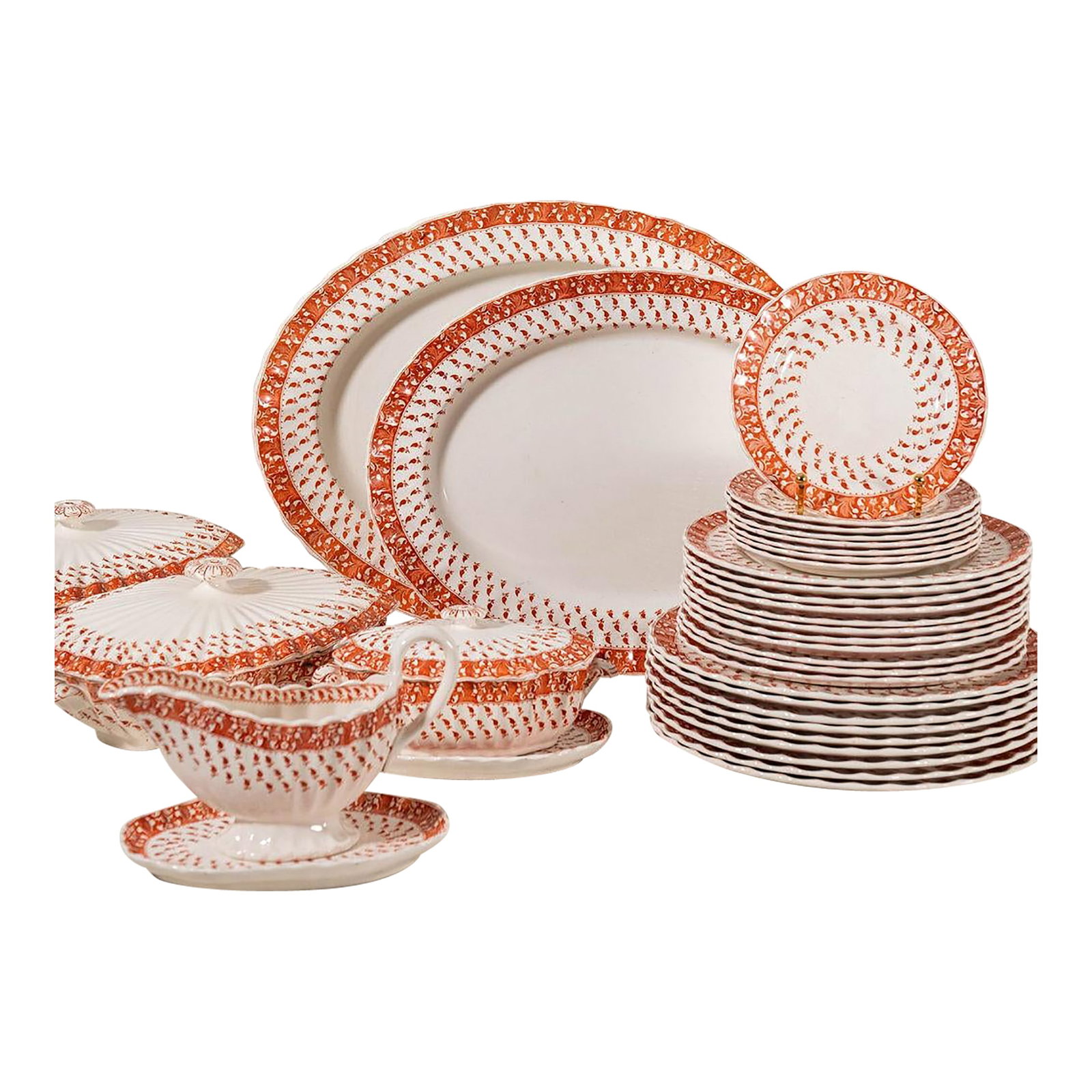 Spode 'Old Crow' Orange/Coral Dishes C. 1890 - 40 pcs: MEASUREMENTS 8 Dessert / Bread Plates: 6.5" 11 Salad Plates: 8.75" 9 Dinner Plates: 10.25" 2 Gravy Boats:8.25"W x 2.5"D x 5"H 2 Large Lidded Tureens: 11.25"W x 7.25"D x 4"H 2 Small Lidded Tureens: 7.7