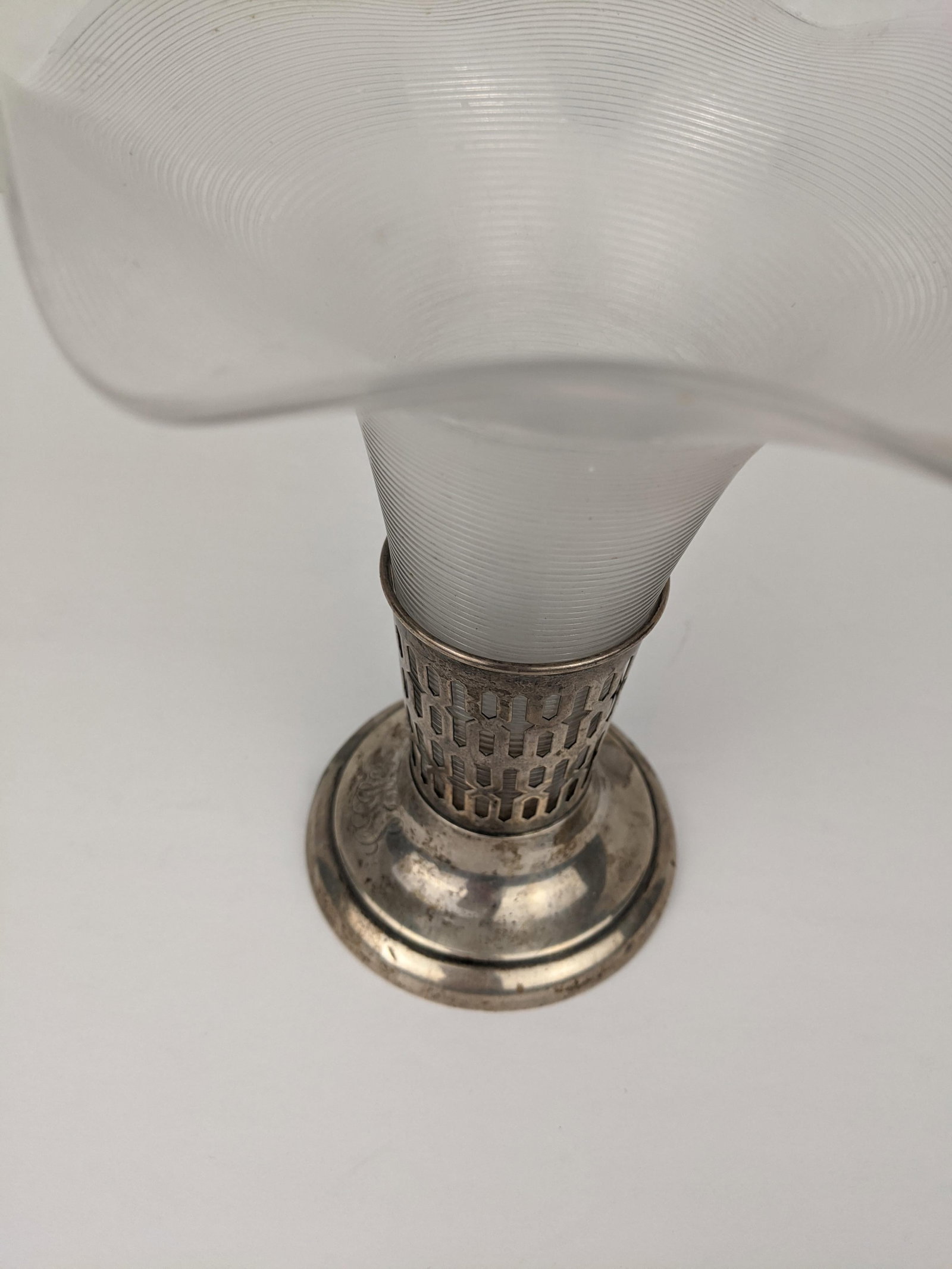 Vintage Sterling Silver Vase With Frosted Ribbed Art Glass Trumpet Insert, Art Deco Style - 12