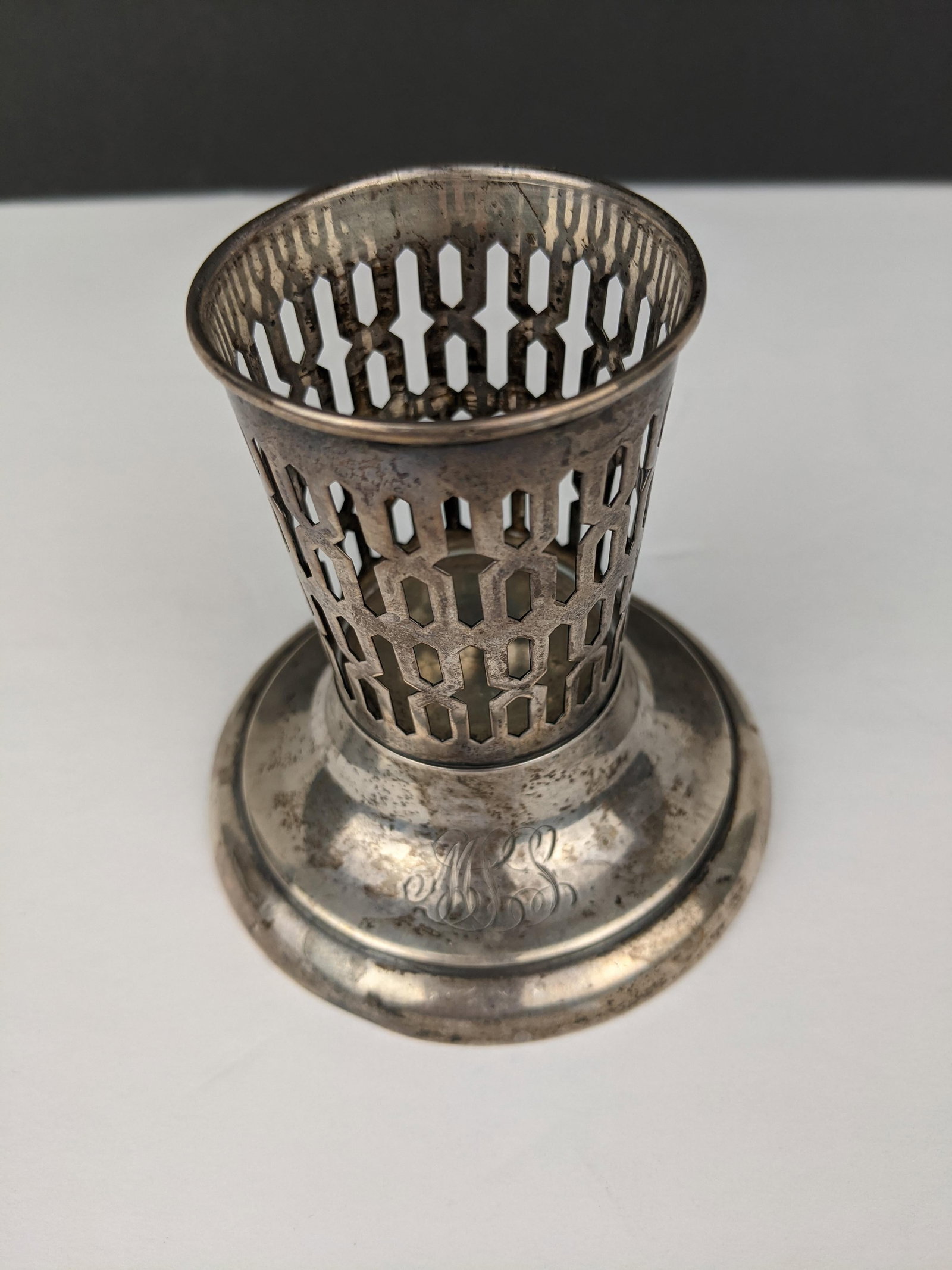 Vintage Sterling Silver Vase With Frosted Ribbed Art Glass Trumpet Insert, Art Deco Style - 14