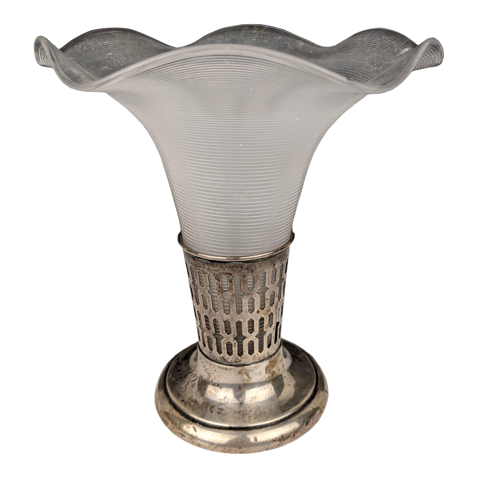 Vintage Sterling Silver Vase With Frosted Ribbed Art Glass Trumpet Insert, Art Deco Style: Elegant vintage sterling silver and frosted art glass vase featuring a dramatic trumpet-form ribbed glass insert seated within an openwork sterling silver base. The design combines the refined