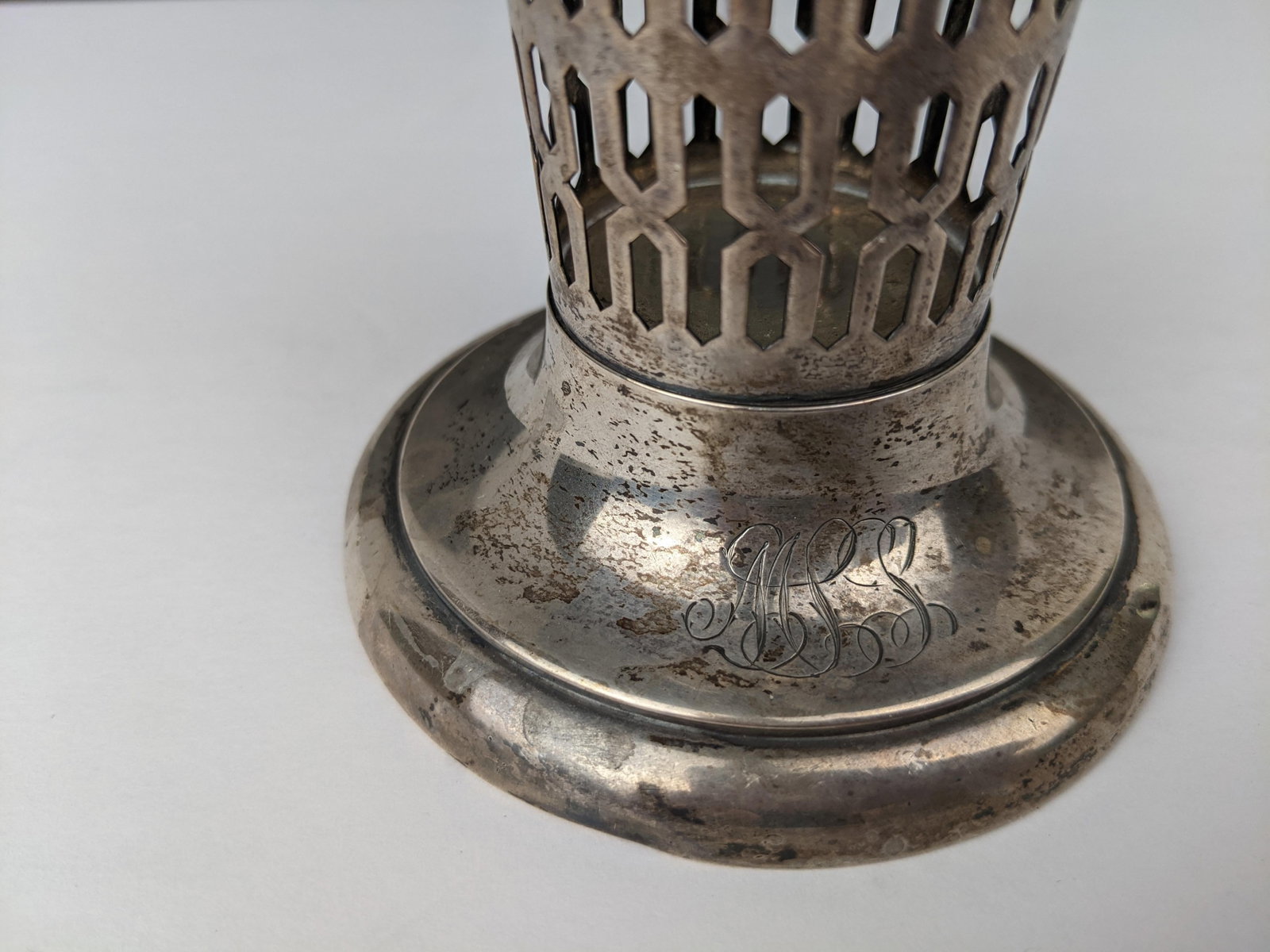 Vintage Sterling Silver Vase With Frosted Ribbed Art Glass Trumpet Insert, Art Deco Style - 9