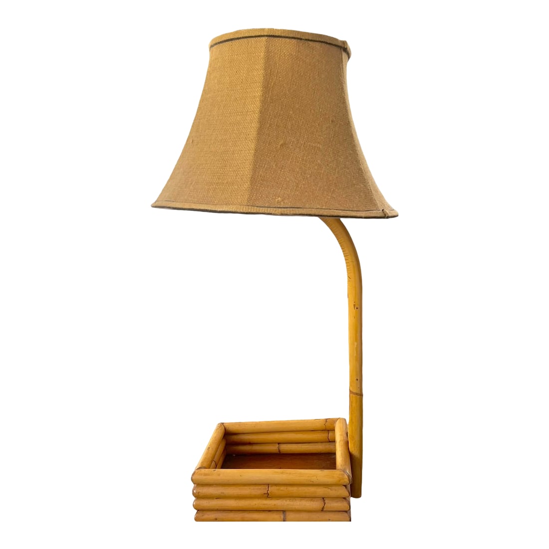 Vintage Large Bent Bamboo Table Lamp With Woven Shade, 31" Tall French Provincial Coastal Style: A wonderfully sculptural vintage bent bamboo table lamp that effortlessly blends tropical, coastal, and Hollywood Regency influences. The graceful bent bamboo arm rises from an integrated square catch