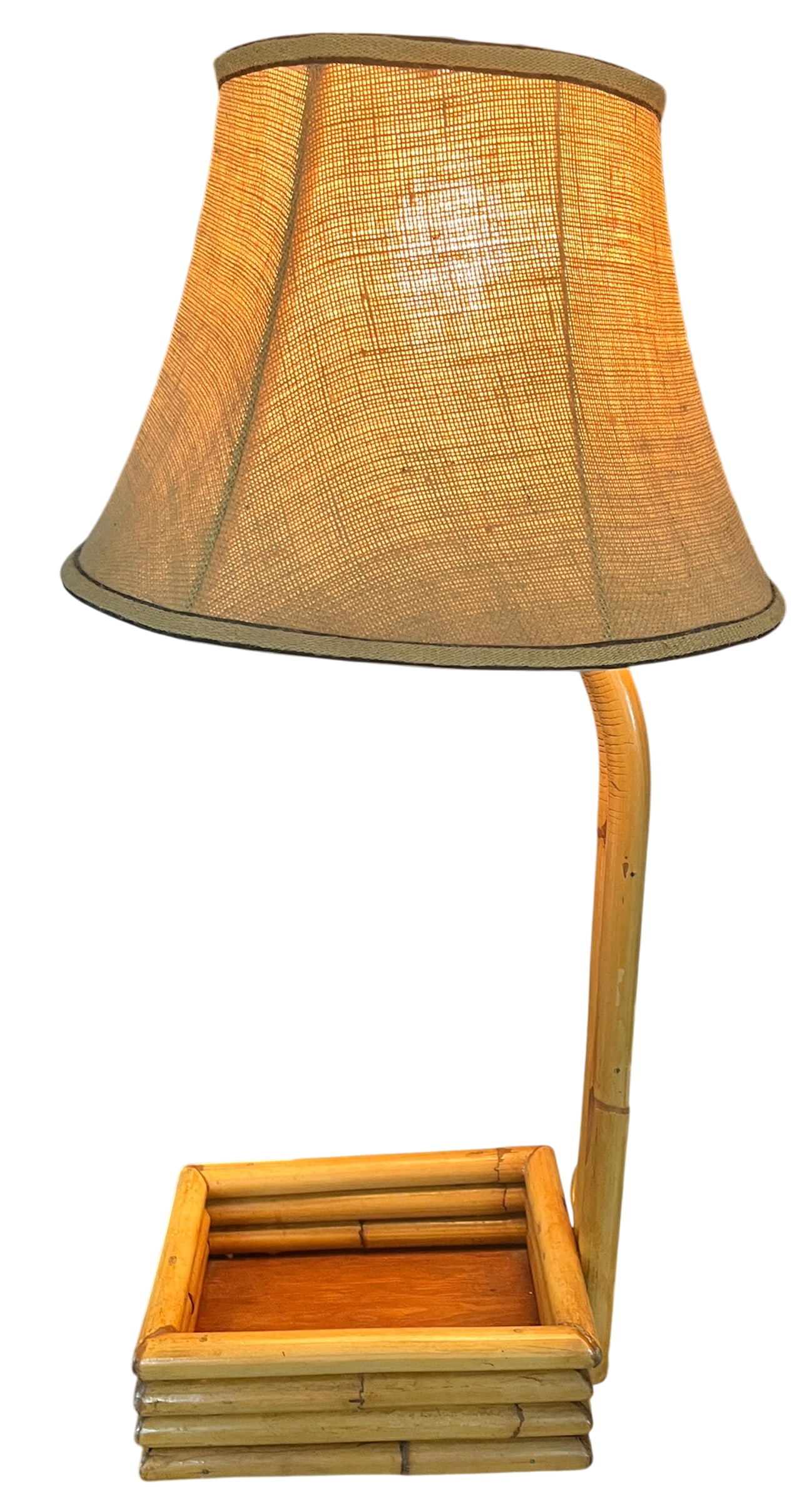 Vintage Large Bent Bamboo Table Lamp With Woven Shade, 31" Tall French Provincial Coastal Style - 2