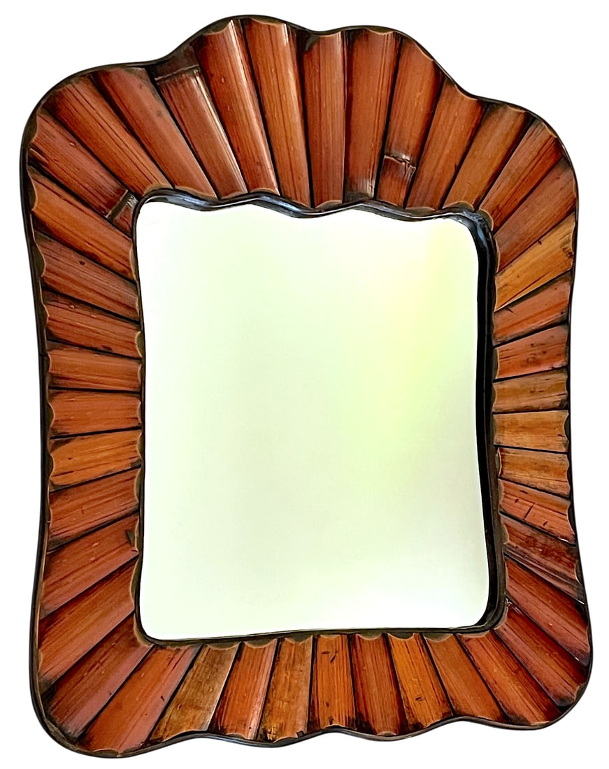 Vintage Split Bamboo Wall Mirror With Scalloped Organic Frame, Black Velvet Back - 2