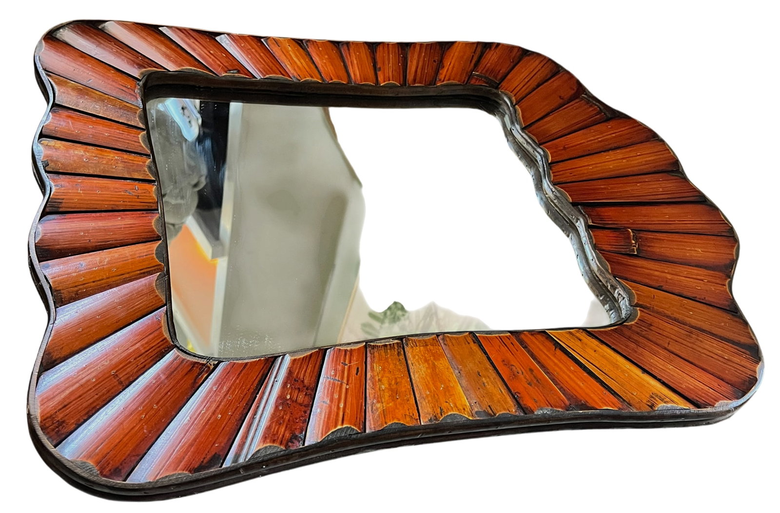 Vintage Split Bamboo Wall Mirror With Scalloped Organic Frame, Black Velvet Back - 4