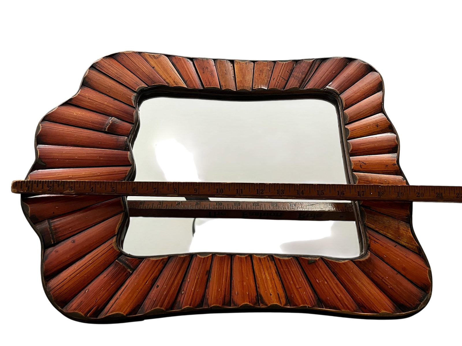 Vintage Split Bamboo Wall Mirror With Scalloped Organic Frame, Black Velvet Back - 6