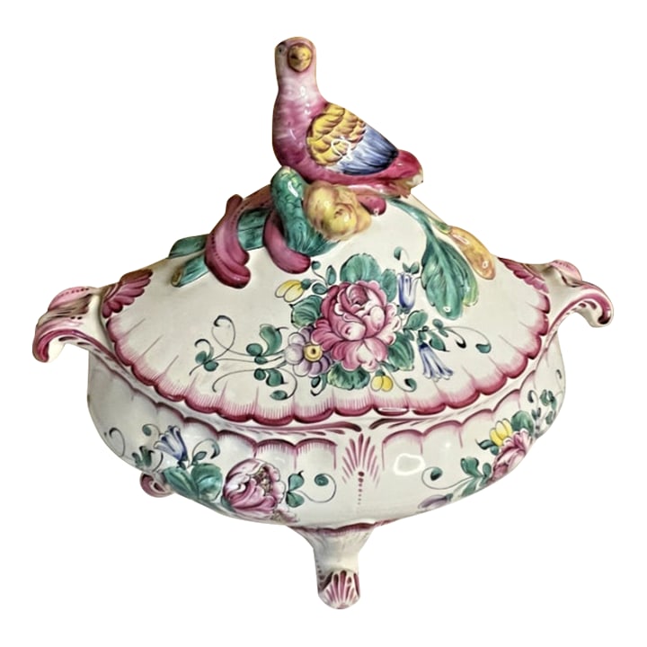 Vintage Handpainted French Old Strassbourg Style Faience Vegetable Tureen: This stunning tureen is crafted from exquisite Strasbourg style earthenware. The lid is adorned with a beautifully rendered bird, along with intricate reliefs of fruits and vegetables created using