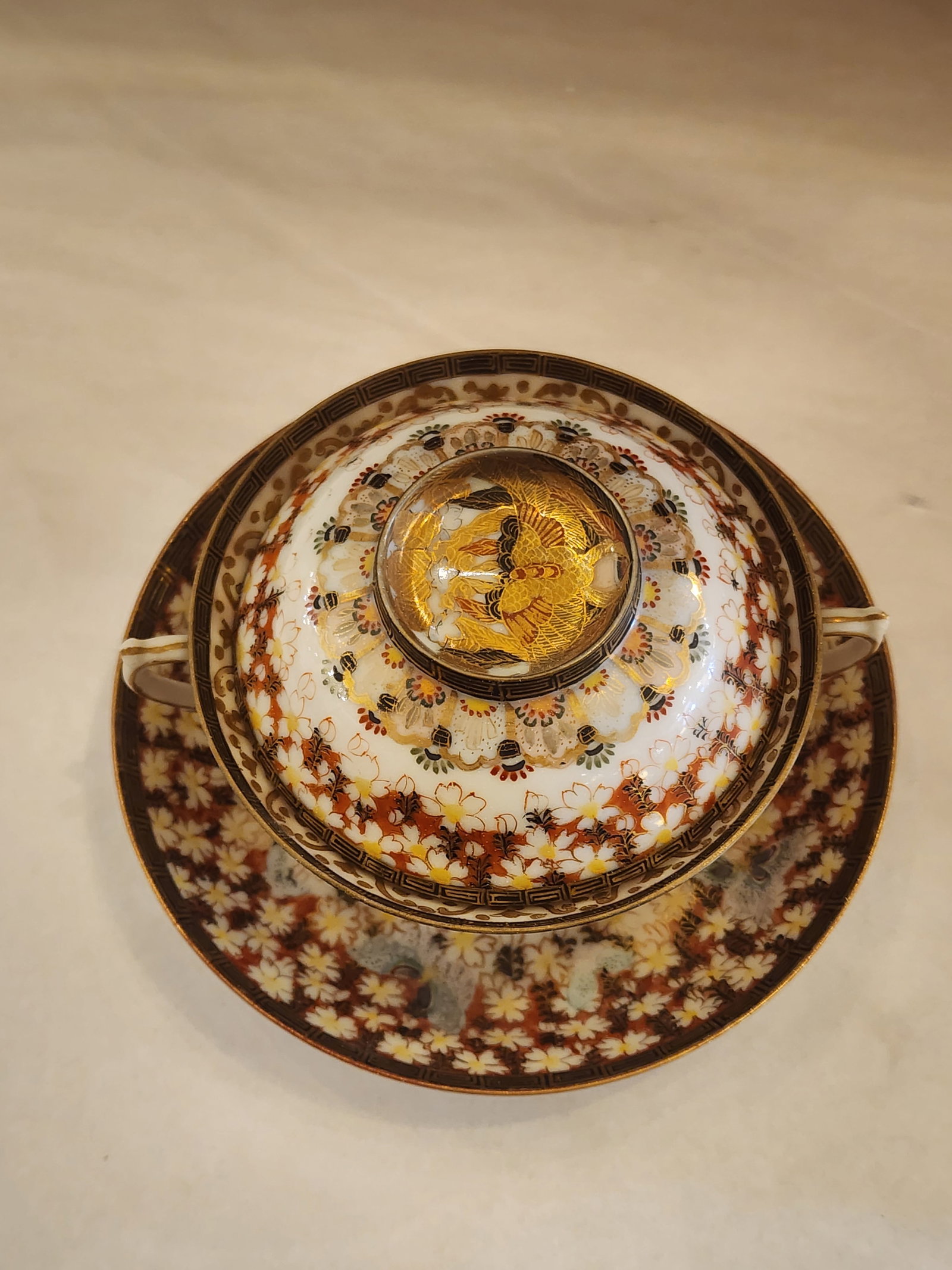 Antique Signed Moriage Japanese Tea Cup, Saucer and Lid/Tea Bag Rest. - 10