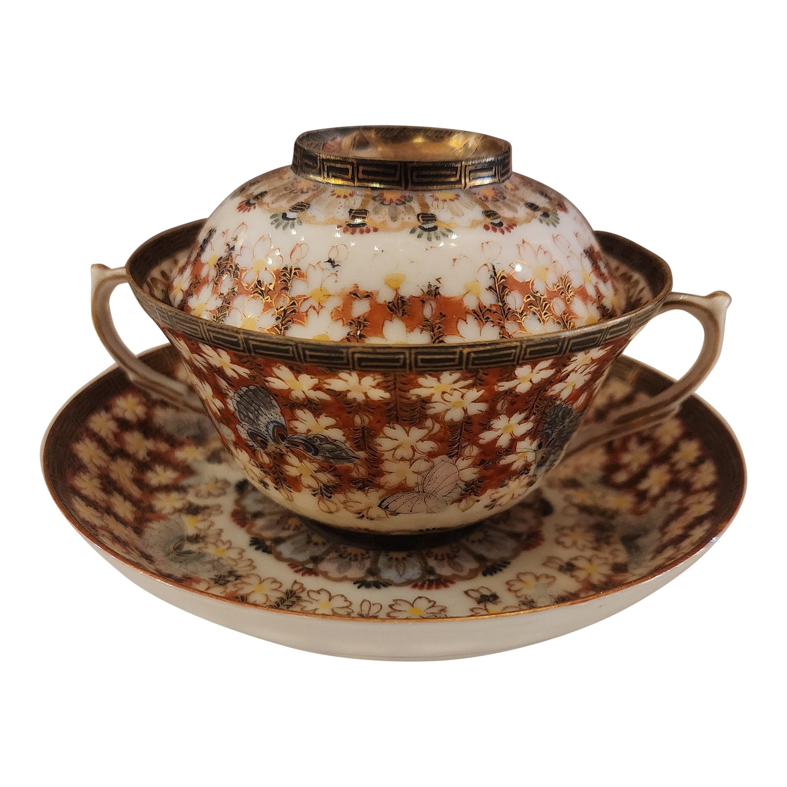 Antique Signed Moriage Japanese Tea Cup, Saucer and Lid/Tea Bag Rest.: Incredibly delicate and beautiful fine bone China, this very rare set is signed on the bottom and hand painted, Dating to the early Imari period. Three piece set includes cup, saucer and lid. Conditio