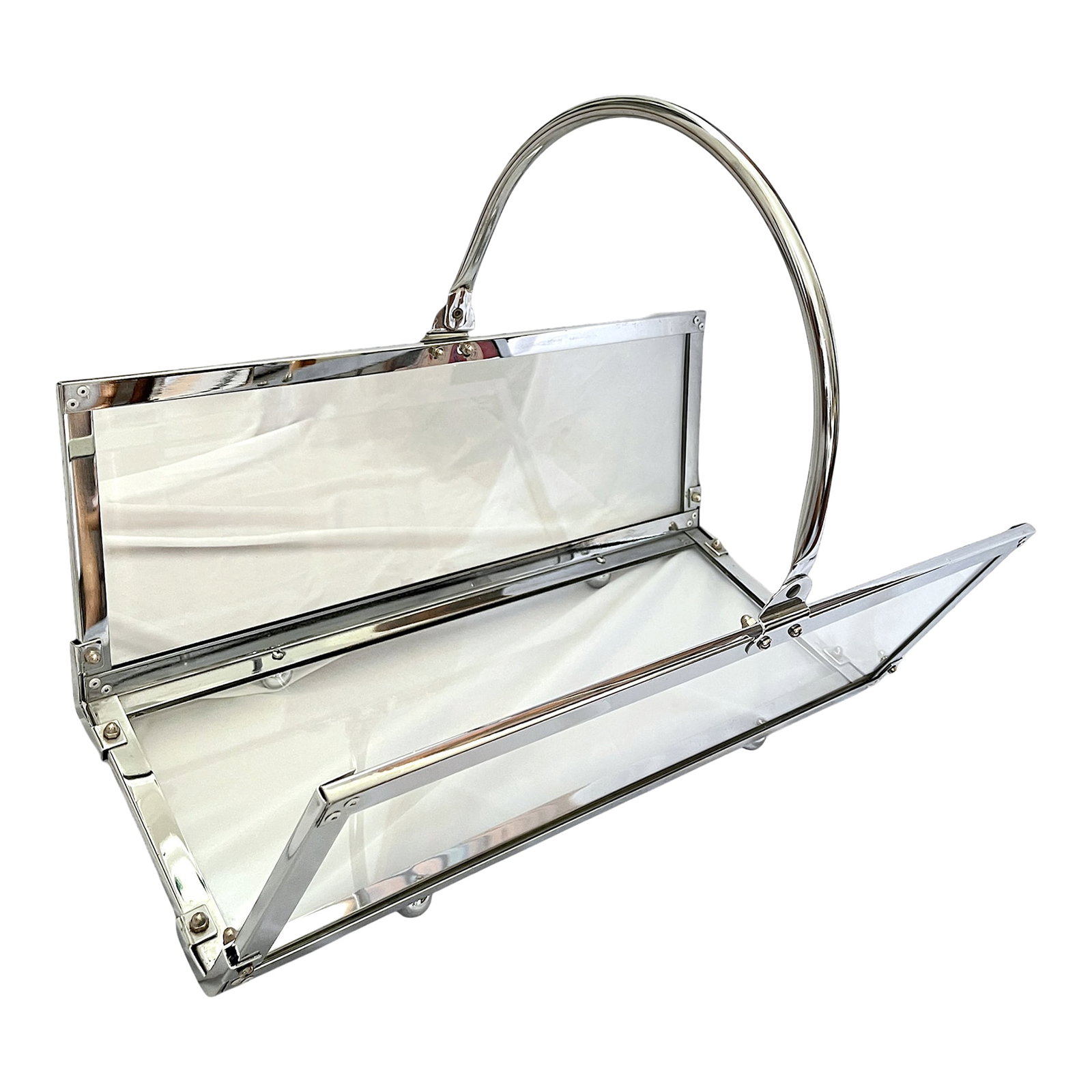 Danny Alessandro Chrome & Glass Fireplace Log Holder / Magazine Rack, Italy, 1970s: A sleek and sculptural chrome and smoked glass log holder designed by Danny Alessandro, Italy, circa 1970s. Equal parts functional and architectural, the design features polished chrome framing,