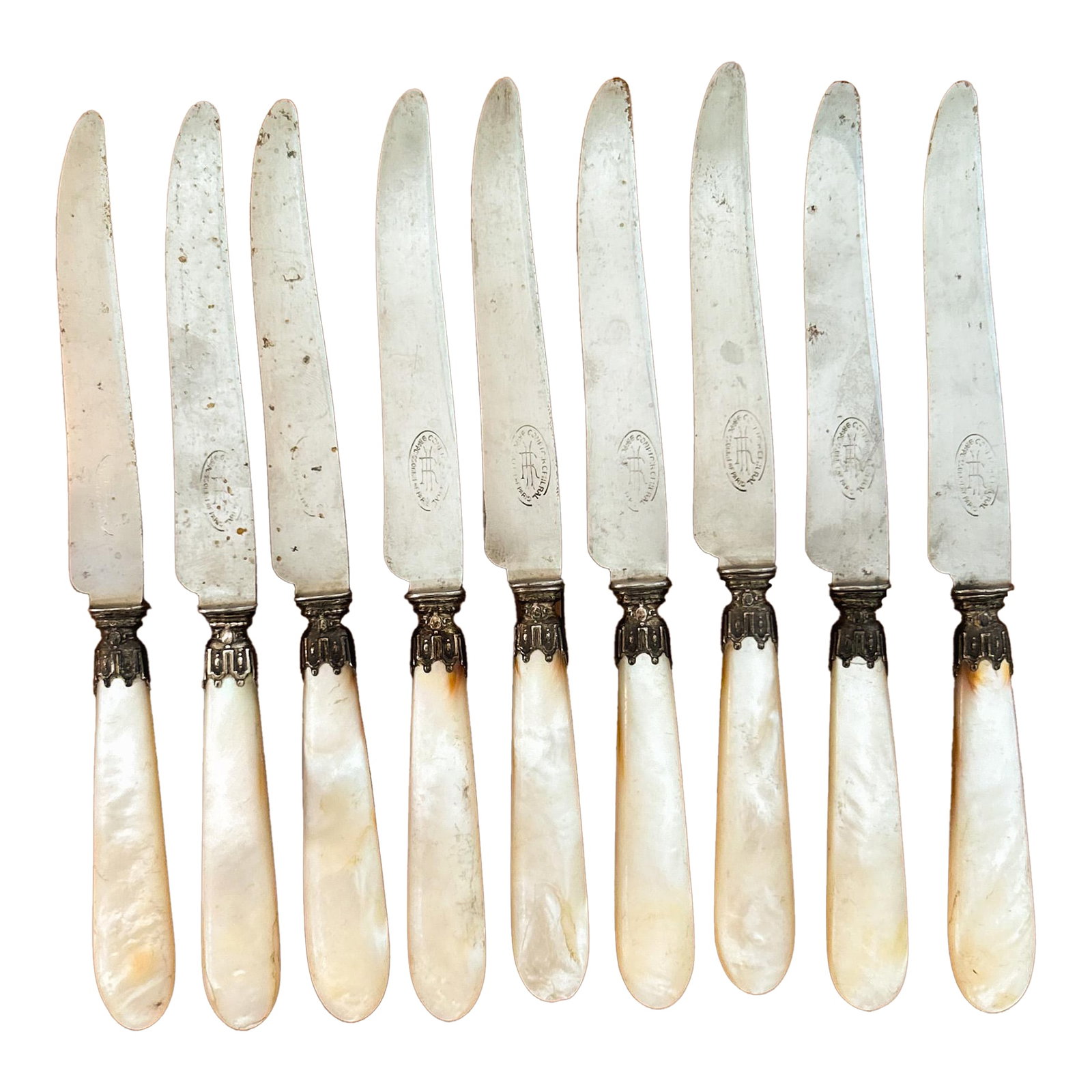 Early 20th Century French Mother of Pearl Knives - Set of 9: Antique Mother of Pearl Knives, set of 9 Condition: Alterations: Original Condition Unaltered Imperfections: Some Imperfections Condition Notes: Each piece offered is an authentic antique or vintage