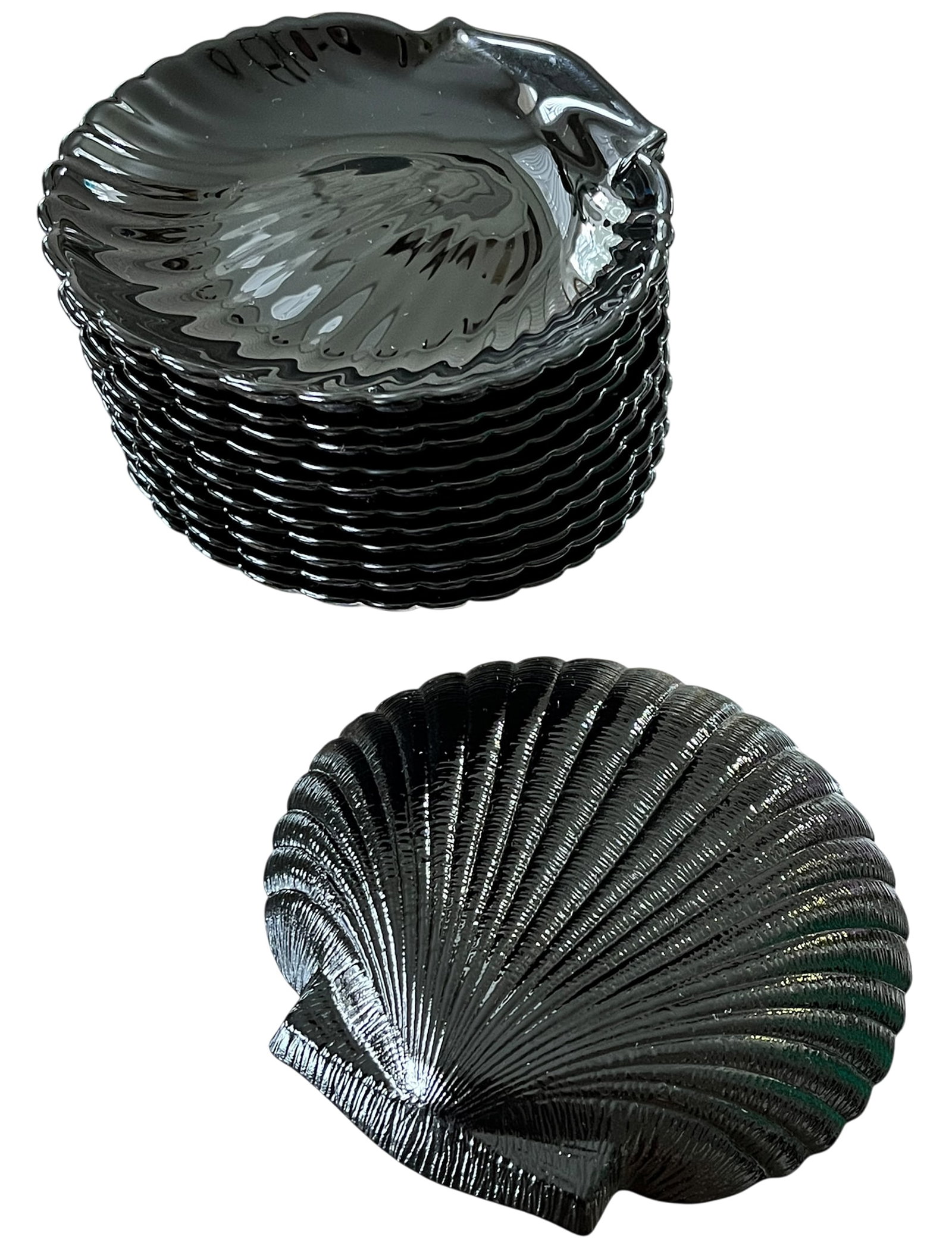 1960s Arcoroc France "Coquillage" Black Glass Shell Serving Set - 16 Pieces With Chip & Dip Platter - 9