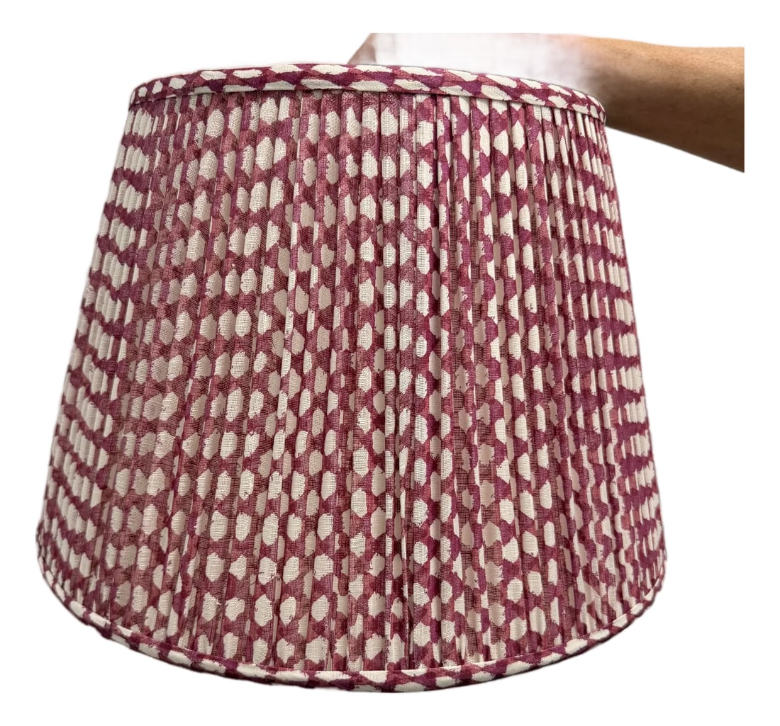 Fermoie 18" Inch Gathered Bedwyn Fuchsia Wicker Lampshade: Fermoie lampshades are artisanal, British-made lighting fixtures renowned for their rich, textured fabrics, soft geometric patterns, and heritage aesthetic. Founded by the creators of Farrow & Ball,