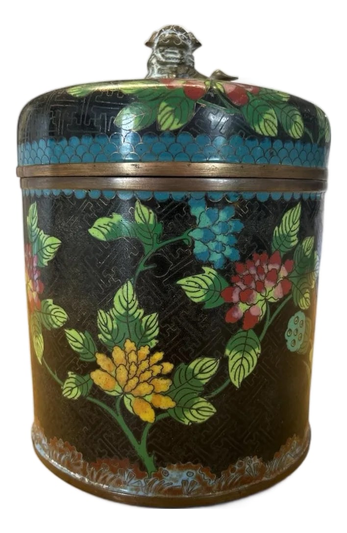 Antique Cloisonne Tea Caddy: Gorgeous Chinese tea caddy from the early 20th century. It has a black background with turquoise, greens and yellow enamel. The floral motif shows chrysanthemums and peonies. The best part is the bras
