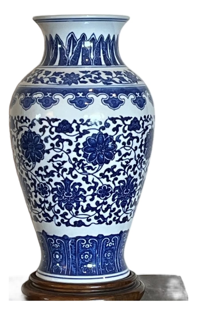 Mid 20th Century 2" Chinese Blue & White Porcelain Floral Vase with Wooden Stand (1 of 6)