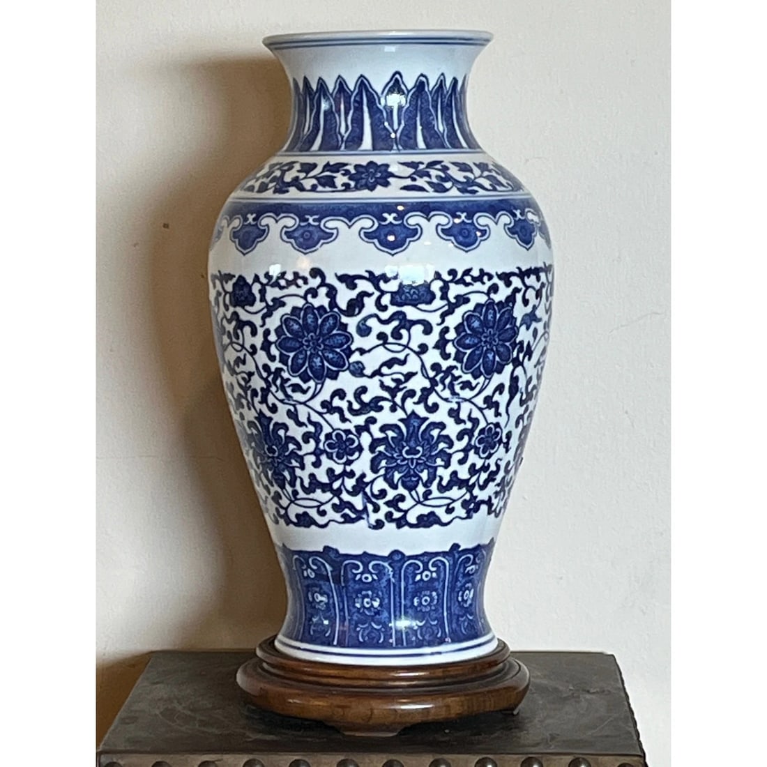 Mid 20th Century 2" Chinese Blue & White Porcelain Floral Vase with Wooden Stand - 2