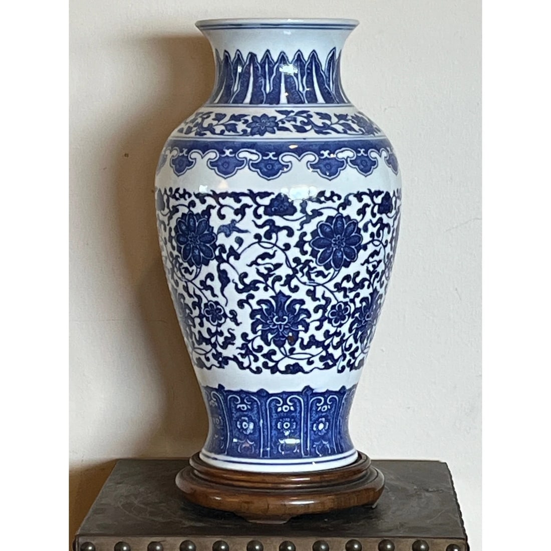 Mid 20th Century 2" Chinese Blue & White Porcelain Floral Vase with Wooden Stand - 3