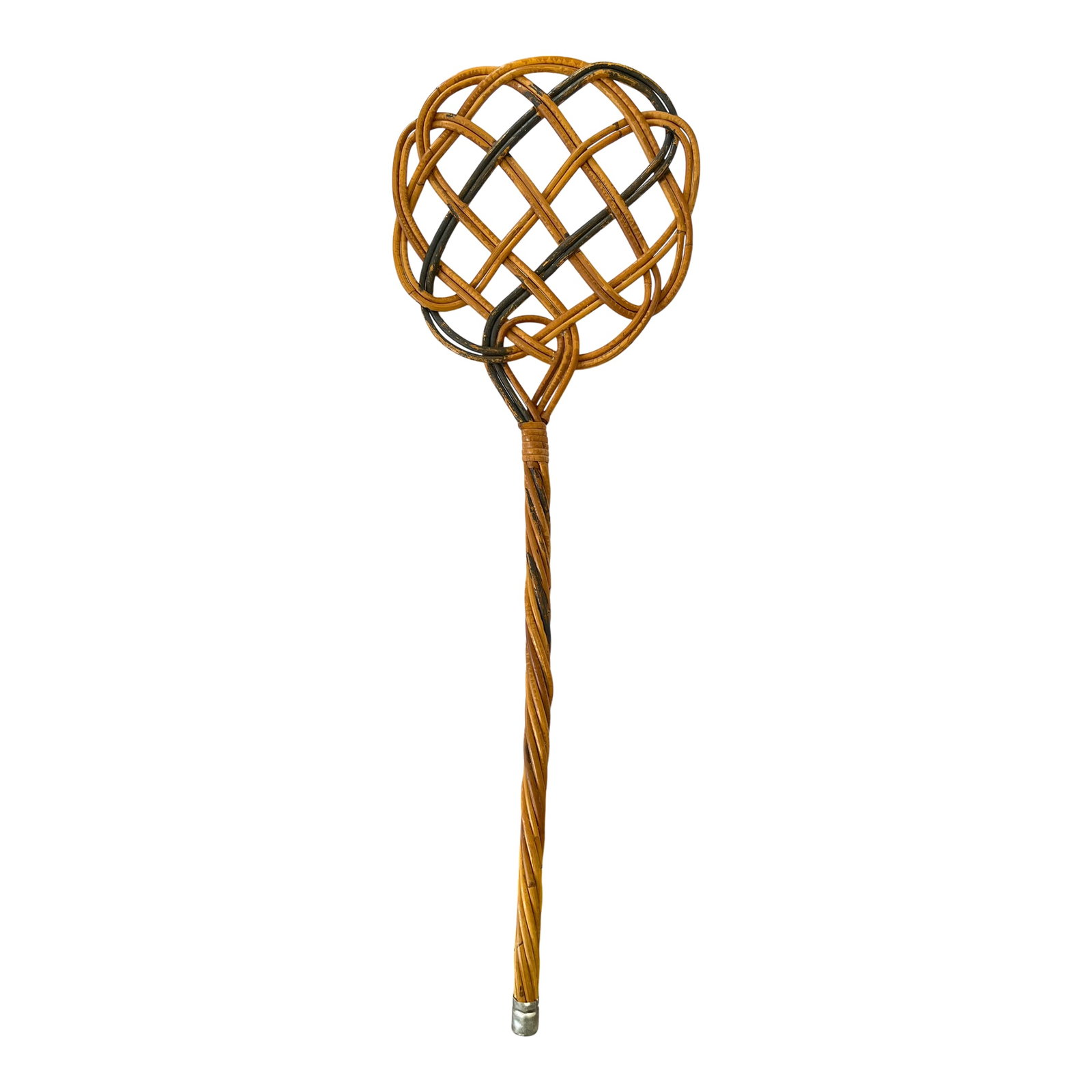 Vintage Handwoven Rattan Rug Beater With Twisted Handle - English Country Cottage Decor: A beautifully handwoven vintage rattan rug beater that is as sculptural as it is nostalgic. Featuring an intricate openwork lattice head and a tightly twisted handle capped with its original metal