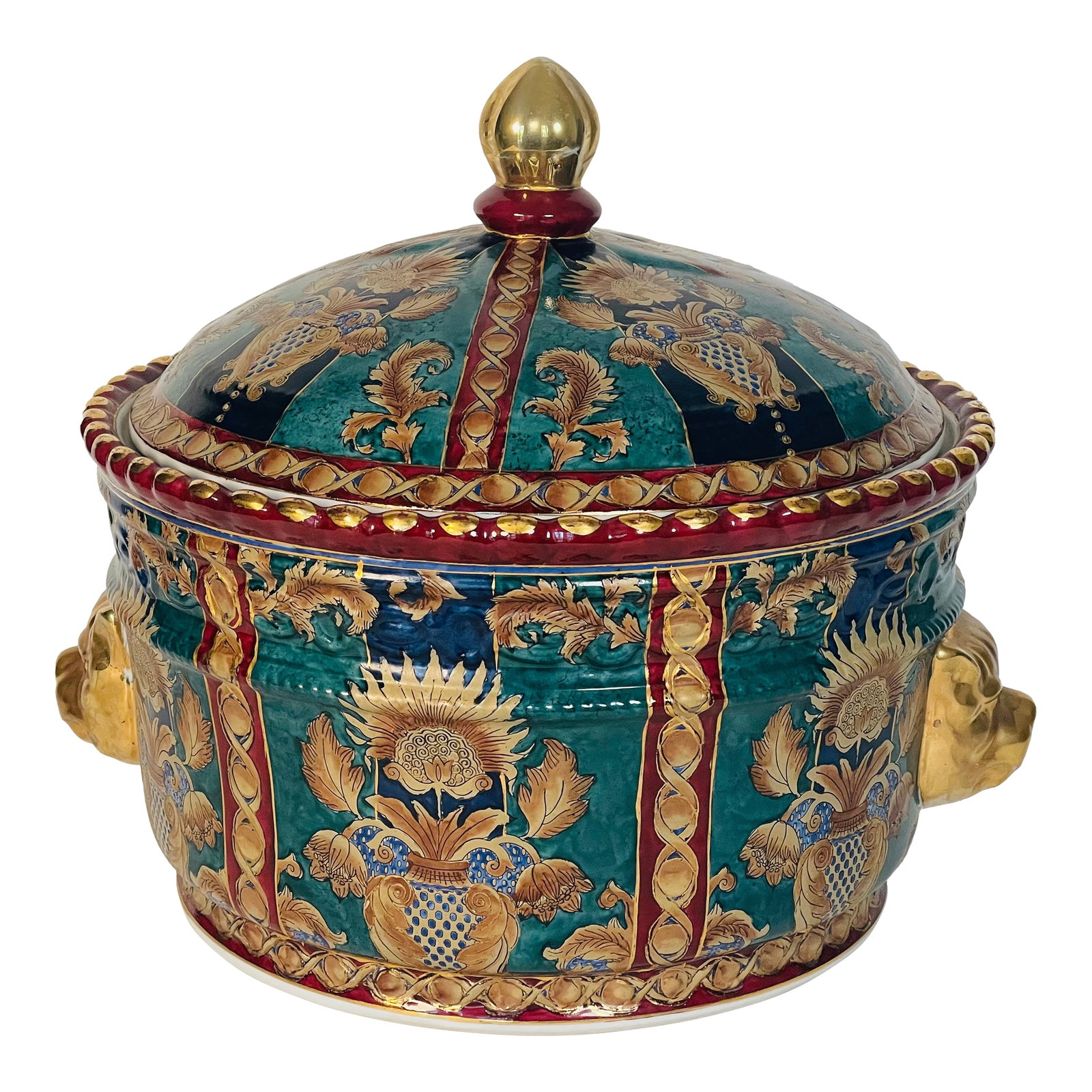 Mid 20th Century Chinese Export Tureen Handpainted With Lion Handles and Cover: Gorgeous Chinese Export Handpainted porcelain tureen with gold lion heads handles and cover. Condition: Alterations: Original Condition Unaltered Imperfections: Some Imperfections Condition Notes: