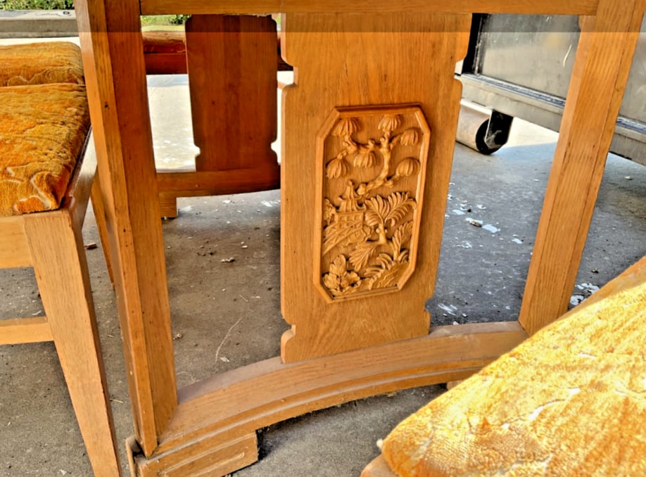 VTG Solid Wood Asian Motif Table and 6 Chairs With Orig Upholstery - 3