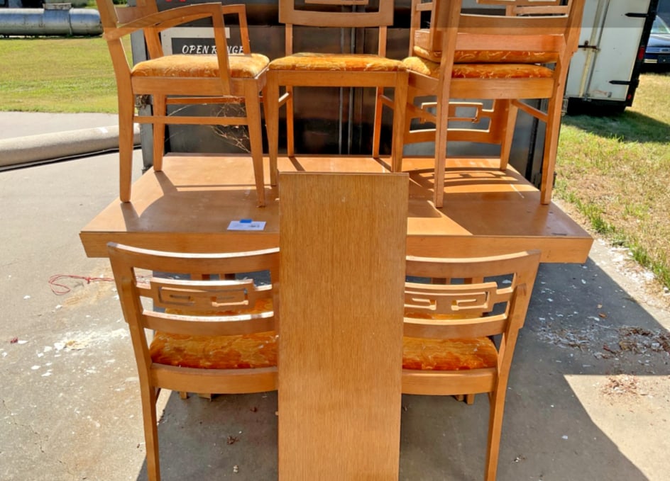 VTG Solid Wood Asian Motif Table and 6 Chairs With Orig Upholstery - 6