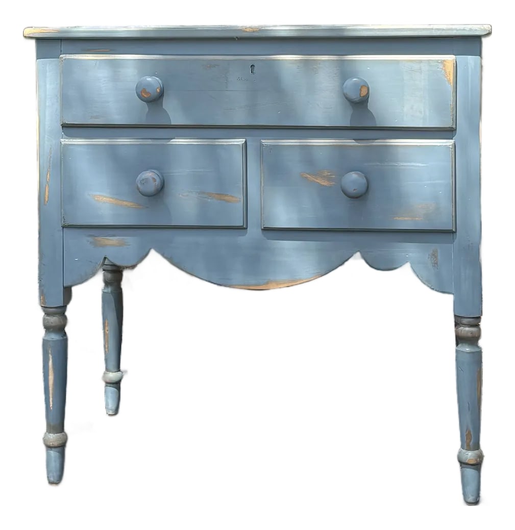 Vintage Lexington Painted Blue Accent Chest / Side Table With Three Drawers: Add timeless charm and cottage-inspired character to your home with this vintage Lexington Furniture painted accent chest. Finished in a beautiful soft blue with lightly distressed edges that highligh