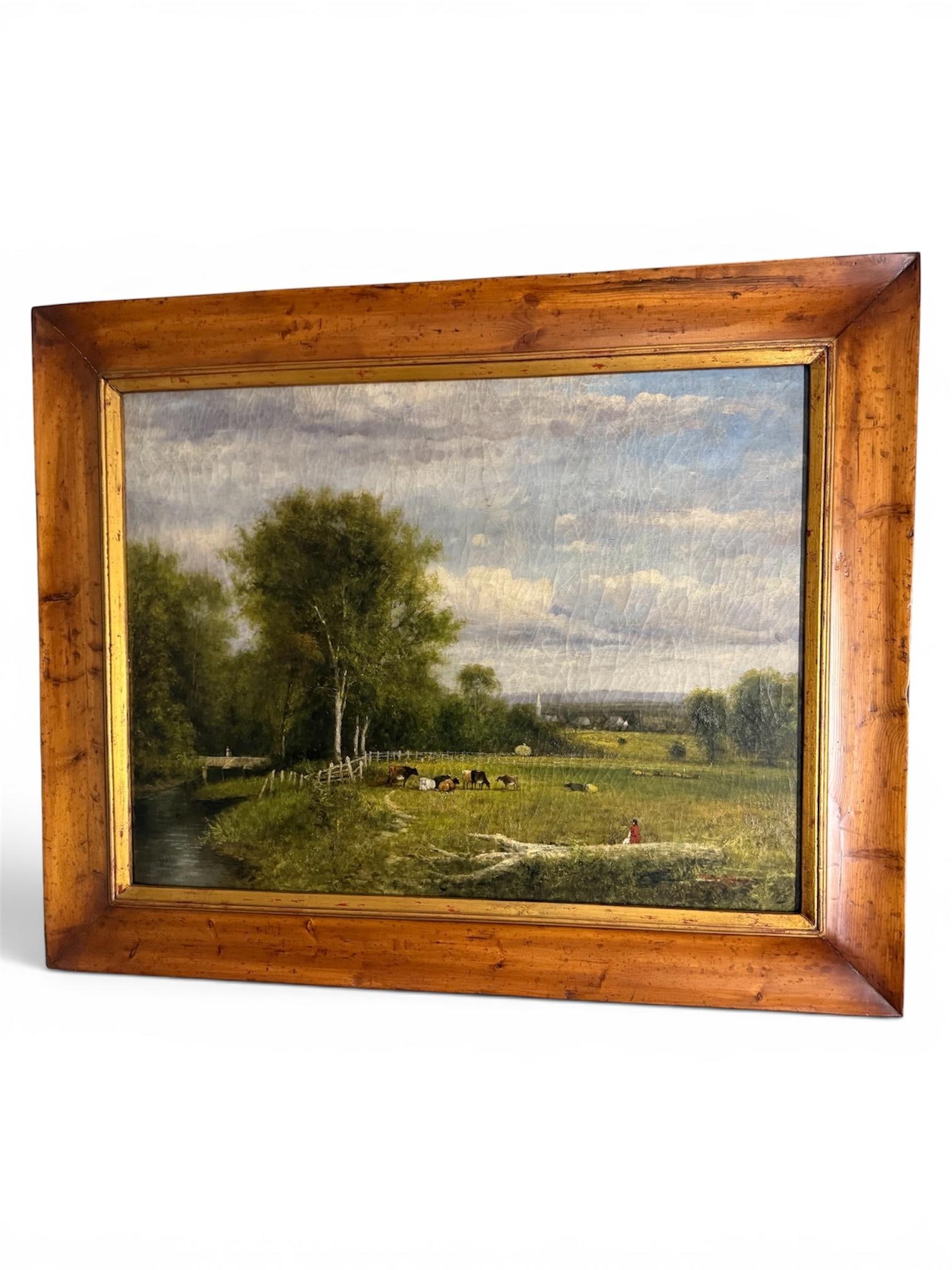 Traditional Pastoral Landscape Oil Painting in a Rustic Pine Frame / English Country Side Scene - 3