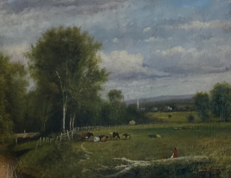 Traditional Pastoral Landscape Oil Painting in a Rustic Pine Frame / English Country Side Scene - 4
