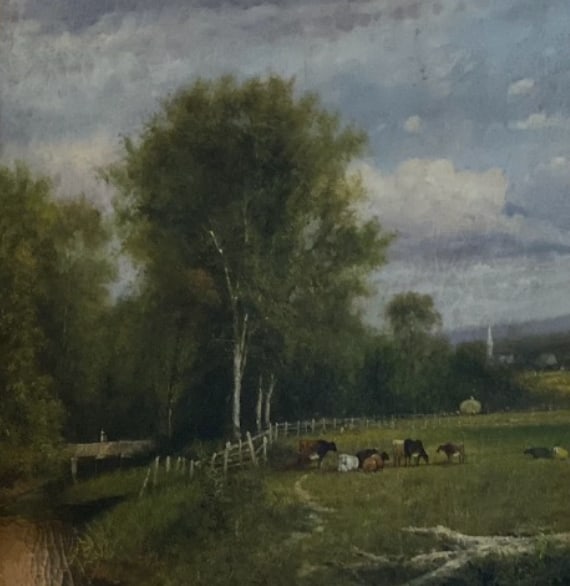 Traditional Pastoral Landscape Oil Painting in a Rustic Pine Frame / English Country Side Scene - 6
