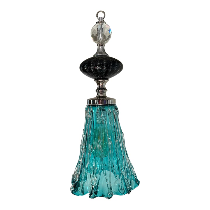 Art Glass Aqua Black Pendant Light: This one-of-a-kind art glass pendant light is a sculptural statement piece that unites cut crystal, hand-blown glass, and intricate applied glasswork into a single, cohesive form. Measuring 22 inches 