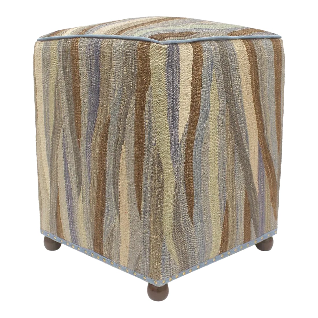 Modern Bauhaus Handmade Kilim Upholstered Ottoman: Chic handmade ottoman crafted using wood and upholstered using hand-woven kilim wool rug is a multi-purpose fashion pouf which will add dimension, color and style to your decor. Inspired by geometric 