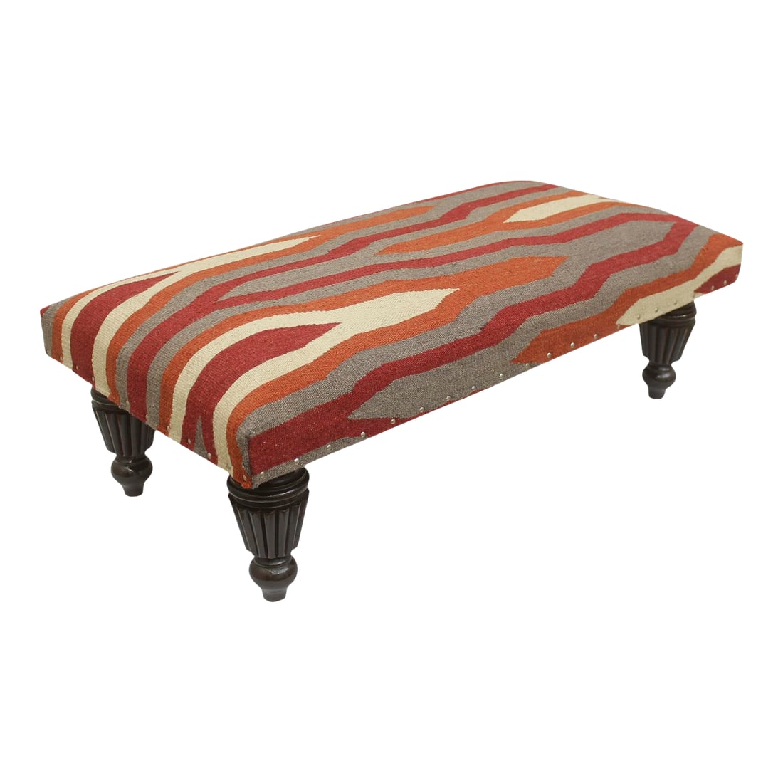 Modern Handmade Kilim Upholstered Ottoman: Stylish sophisticated and out of ordinary handmade Settee crafted by skilled artisans using vegetable dyed hand-woven Tribal Kilim wool rug and wood is a multi-purpose fashion statement, which will ad