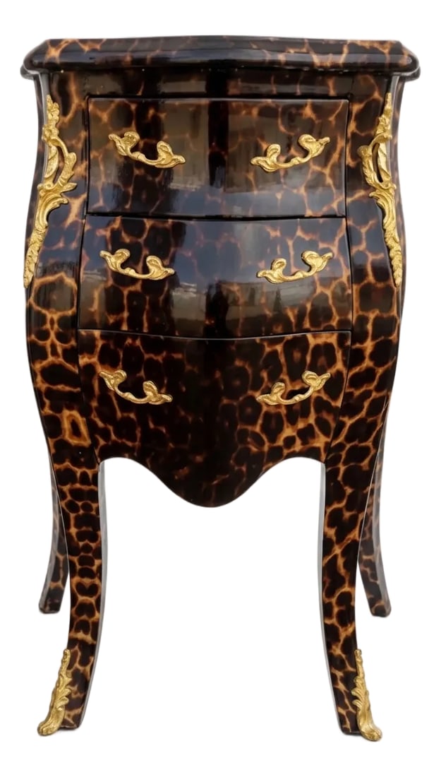 1960s Leopard Chest of Drawers Side Table Nightstand Animal Print Accent Table: Vintage Unique Leopard Print Real Solid Wood Table 3 drawers upholstered in black velvet and dove tailed and bronze ormolu Height 30" x Width 21" x Depth 12" Condition: Alterations: Original Condition