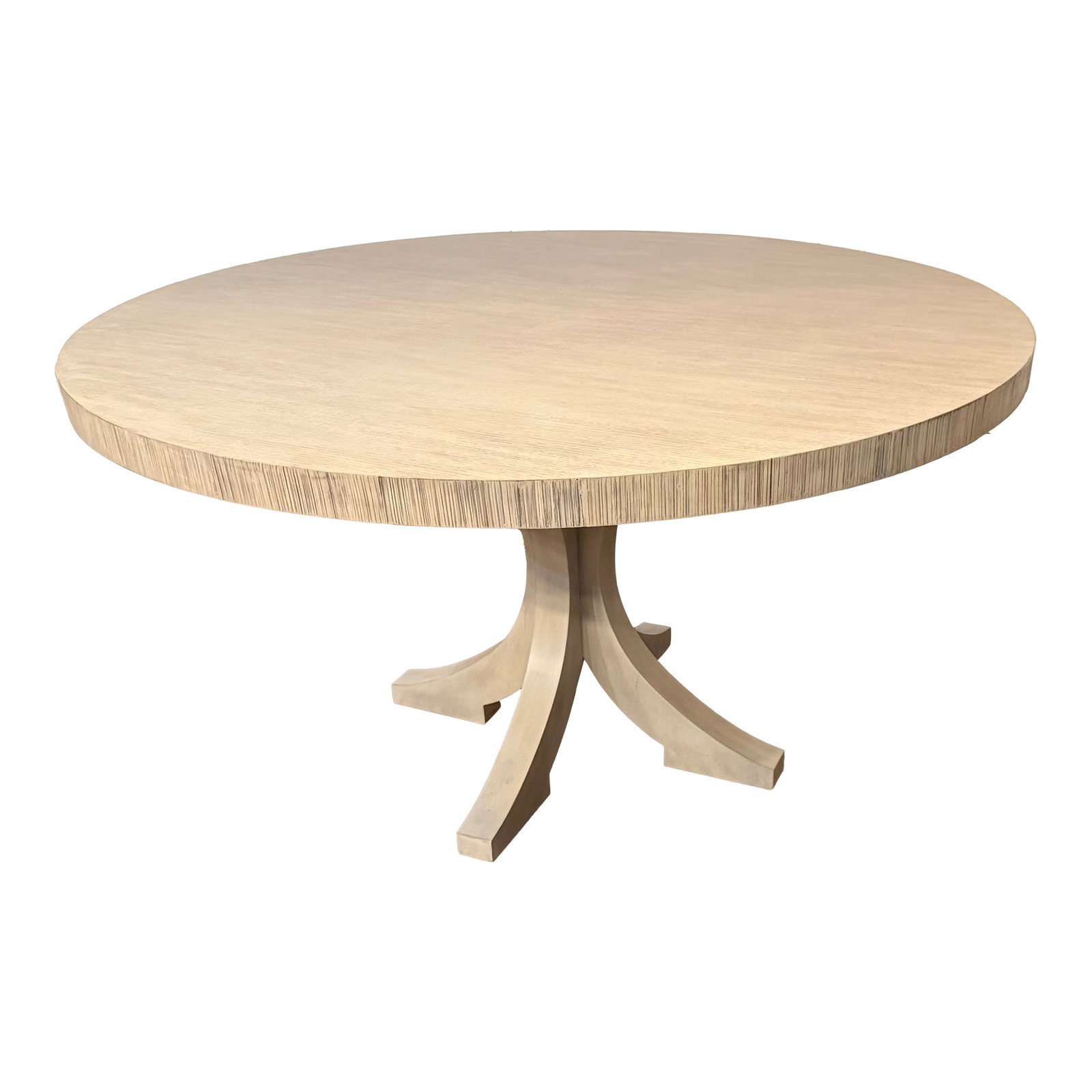 Century Casual Round Dining/Breakfast Table: This is a casual round oak dining/breakfast/game table made by Century Furniture. It is from the Carlyle Collection and has the mildly distressed Peninsula finish (Ivory whitish). We estimate it to