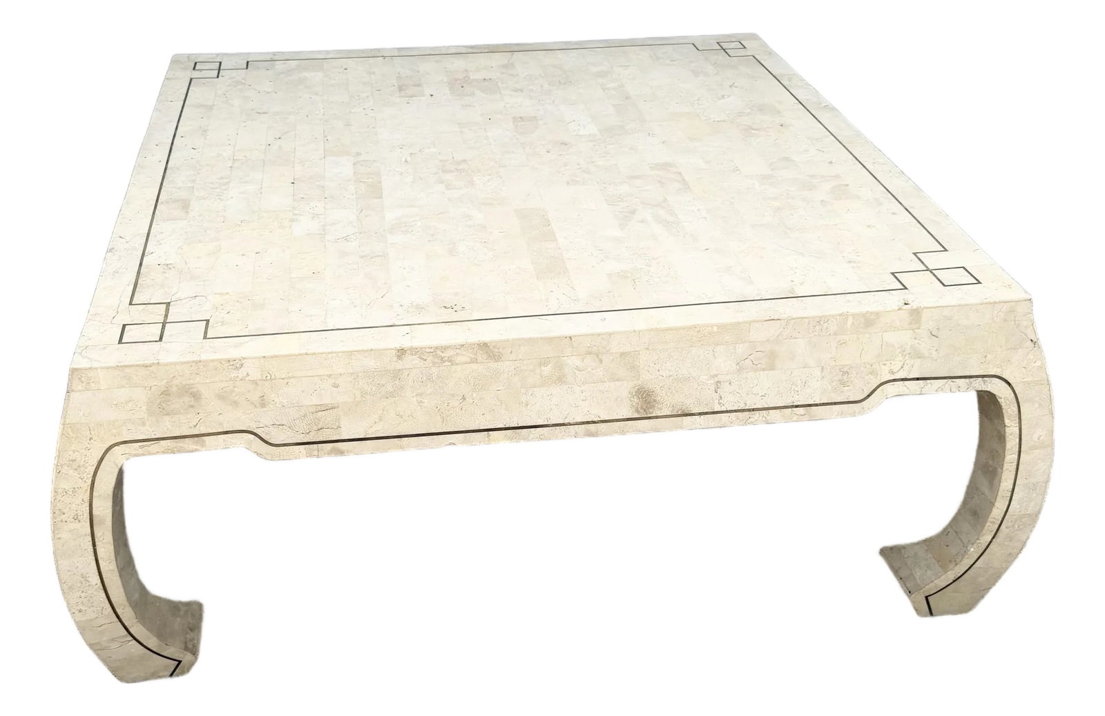 Vintage Ming Style Tessellated Stone Coffee Table With Brass Inlay: Striking vintage coffee table featuring a Ming-inspired silhouette crafted in creamy tessellated stone. The substantial rectangular top is accented with fine brass inlay, forming a geometric border