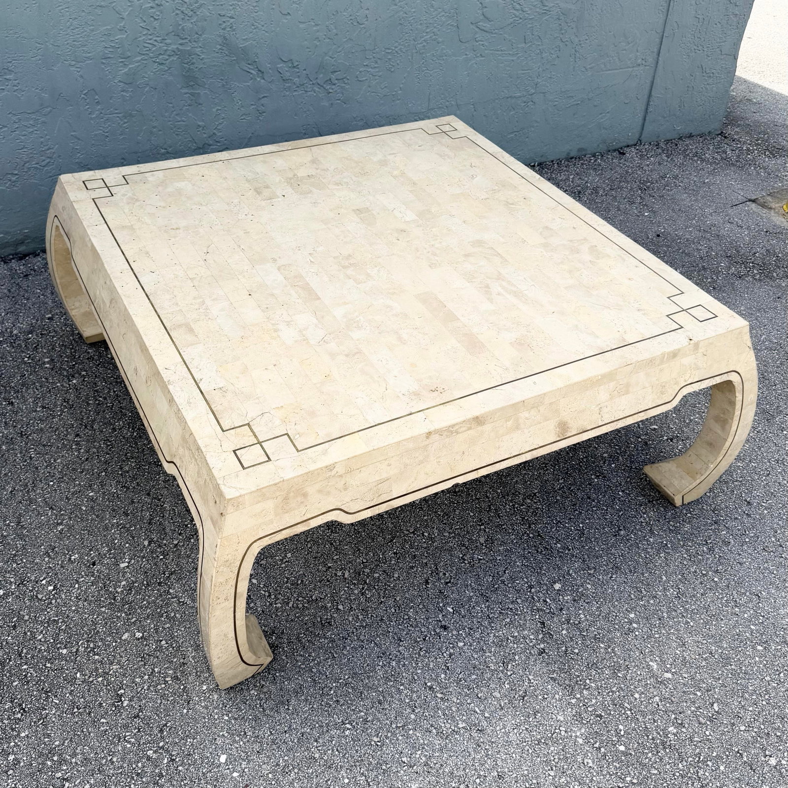 Vintage Ming Style Tessellated Stone Coffee Table With Brass Inlay - 2