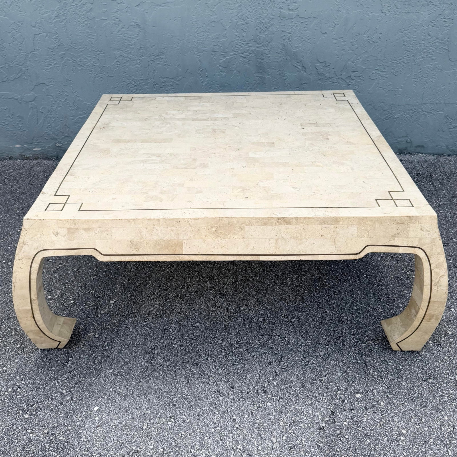 Vintage Ming Style Tessellated Stone Coffee Table With Brass Inlay - 3
