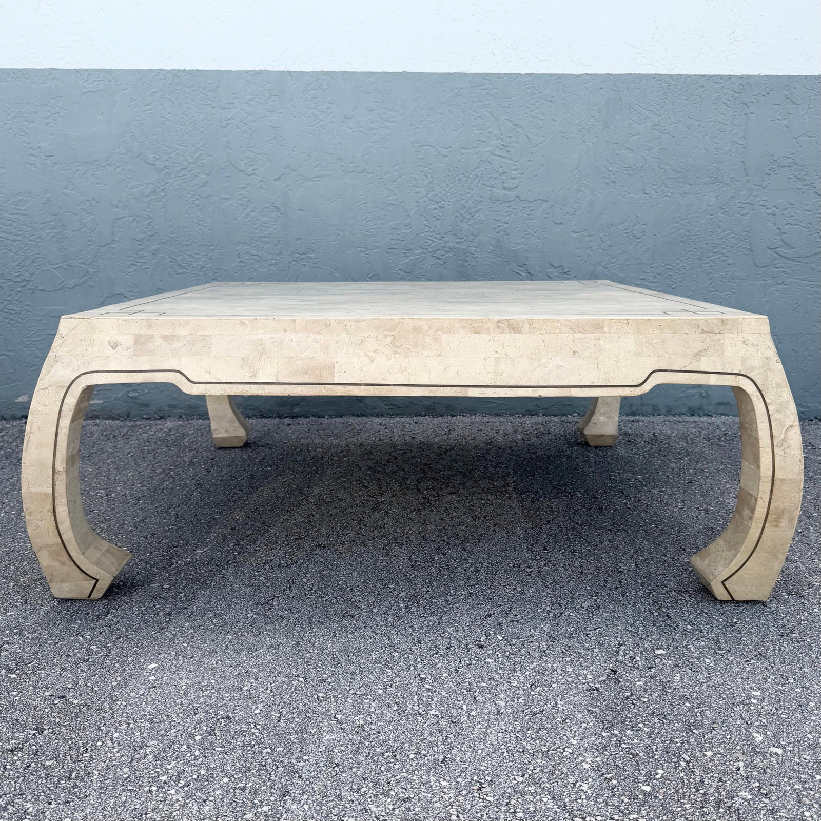 Vintage Ming Style Tessellated Stone Coffee Table With Brass Inlay - 4