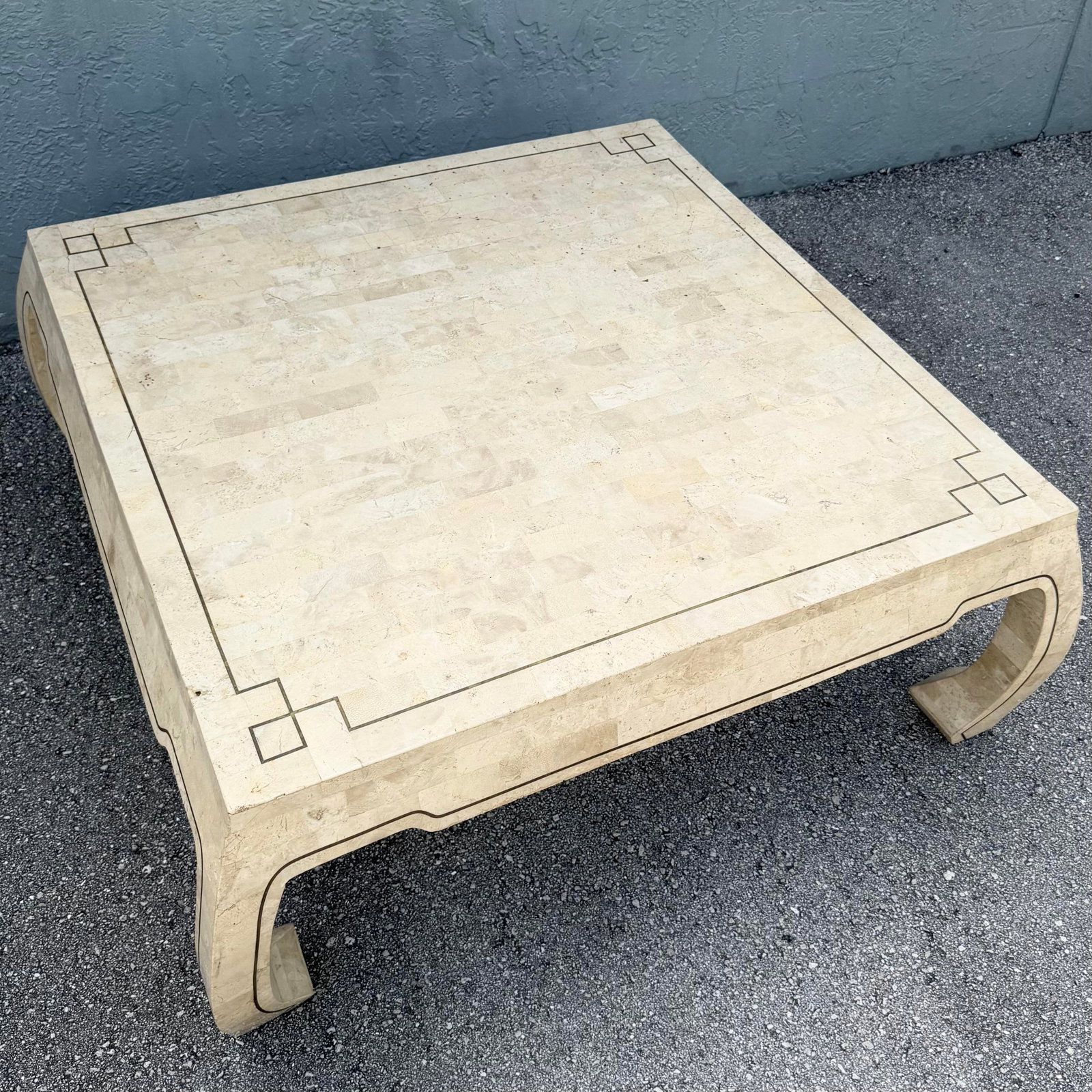 Vintage Ming Style Tessellated Stone Coffee Table With Brass Inlay - 5