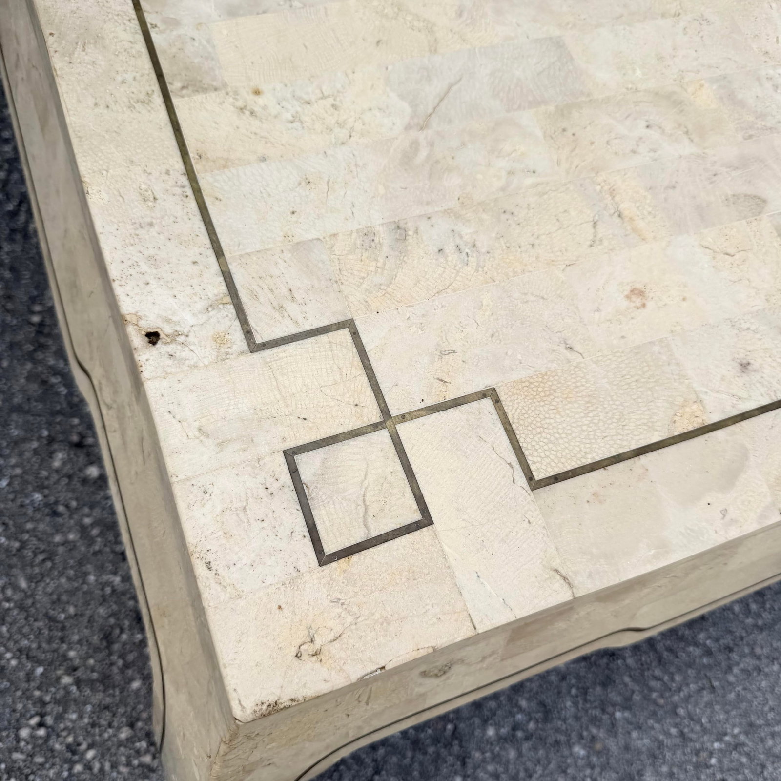 Vintage Ming Style Tessellated Stone Coffee Table With Brass Inlay - 6