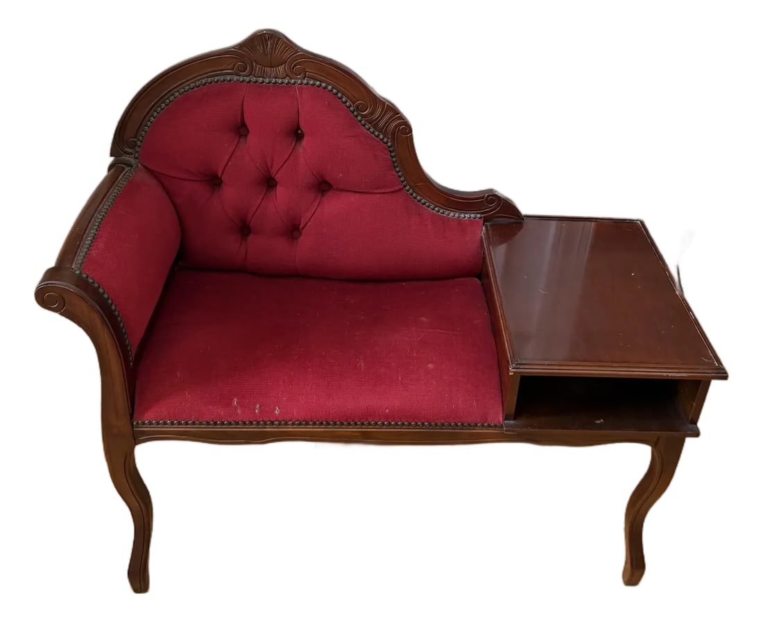 Vintage Mid-Century Louis XV Style Telephone Gossip Bench in Red Upholstery: Add instant vintage charm and a brilliant pop of color to your entryway, hallway, or living space with this mid-century Louis XV style telephone gossip bench. Originating in the mid-20th century as a