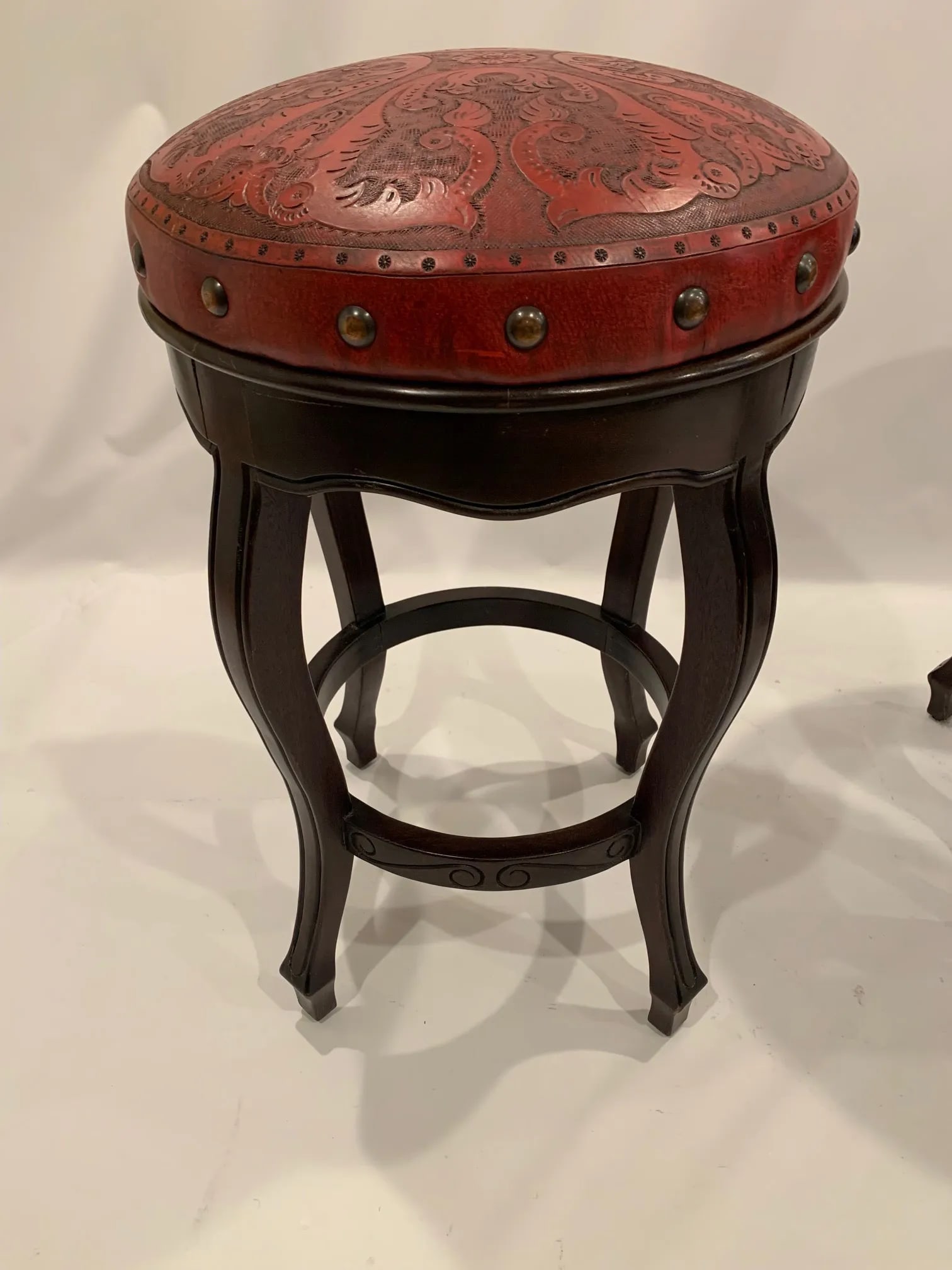 Italian Embossed Leather and Wood Bar Stools -A Pair - 2